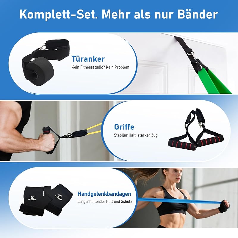 Set benzi elastice de rezistență FitBeast cu mănuși, ancoră pentru ușă, mânere și geantă de transport pentru antrenament de forță, yoga și mobilitate acasă
