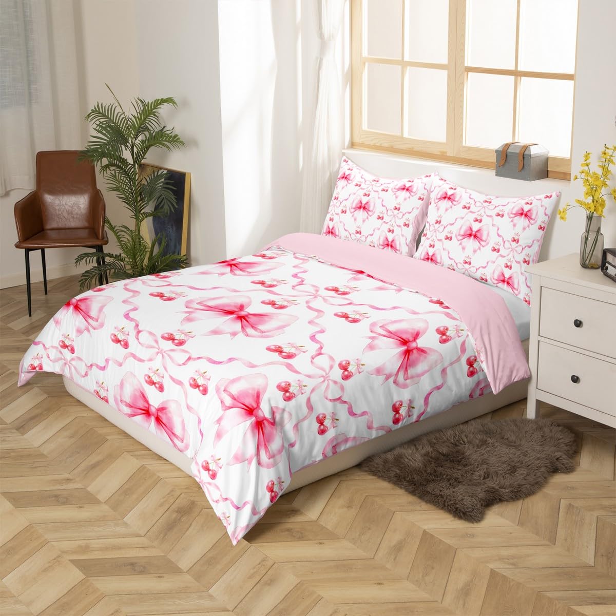 Homewish Różowa kokarda poszewka na kołdrę super king kawaii wiśnia kokarda zestaw pościeli urocza księżniczka kokardka poszewka na kołdrę dla dzieci dziewcząt nastolatek kobiet, akwarela kokardki