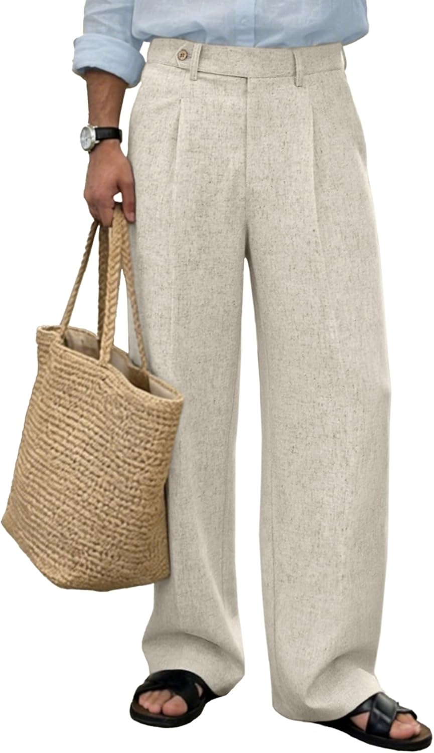 Susclude Mens Linen Casual Dress Pants Baggy Pleated Old Money Wide Leg Slacks Relaxed Fit Lightweight Work Trousers
