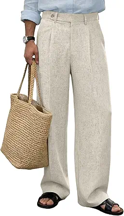 Susclude Men's Linen Casual Dress Pants Baggy Pleated Wide Leg Trousers