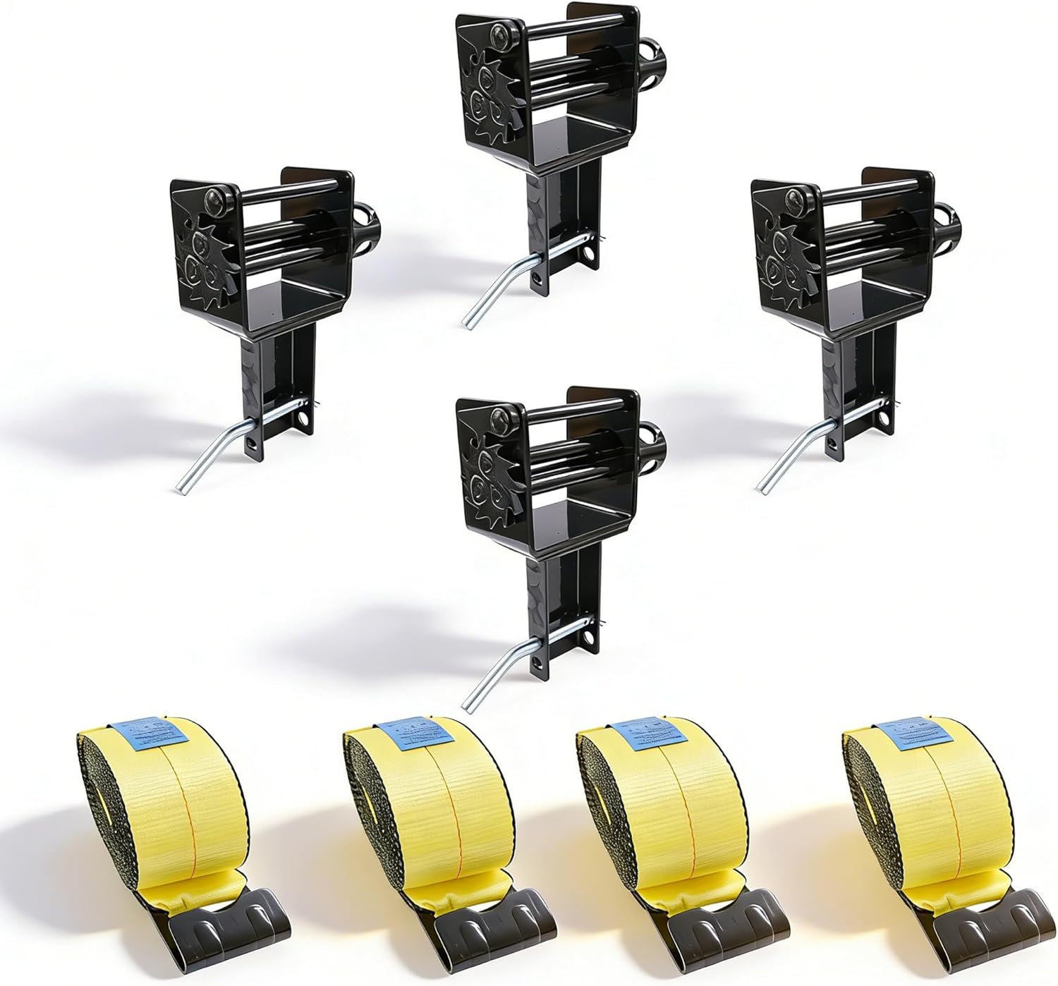 Trailer Stake Pocket Winch 4 Pack Products Stake Pocket Winch & Winch Straps Kit 16200 lbs Break Strength with 4" x 30' Flat Hook Winch Straps for Flatbed Trailers and Trucks