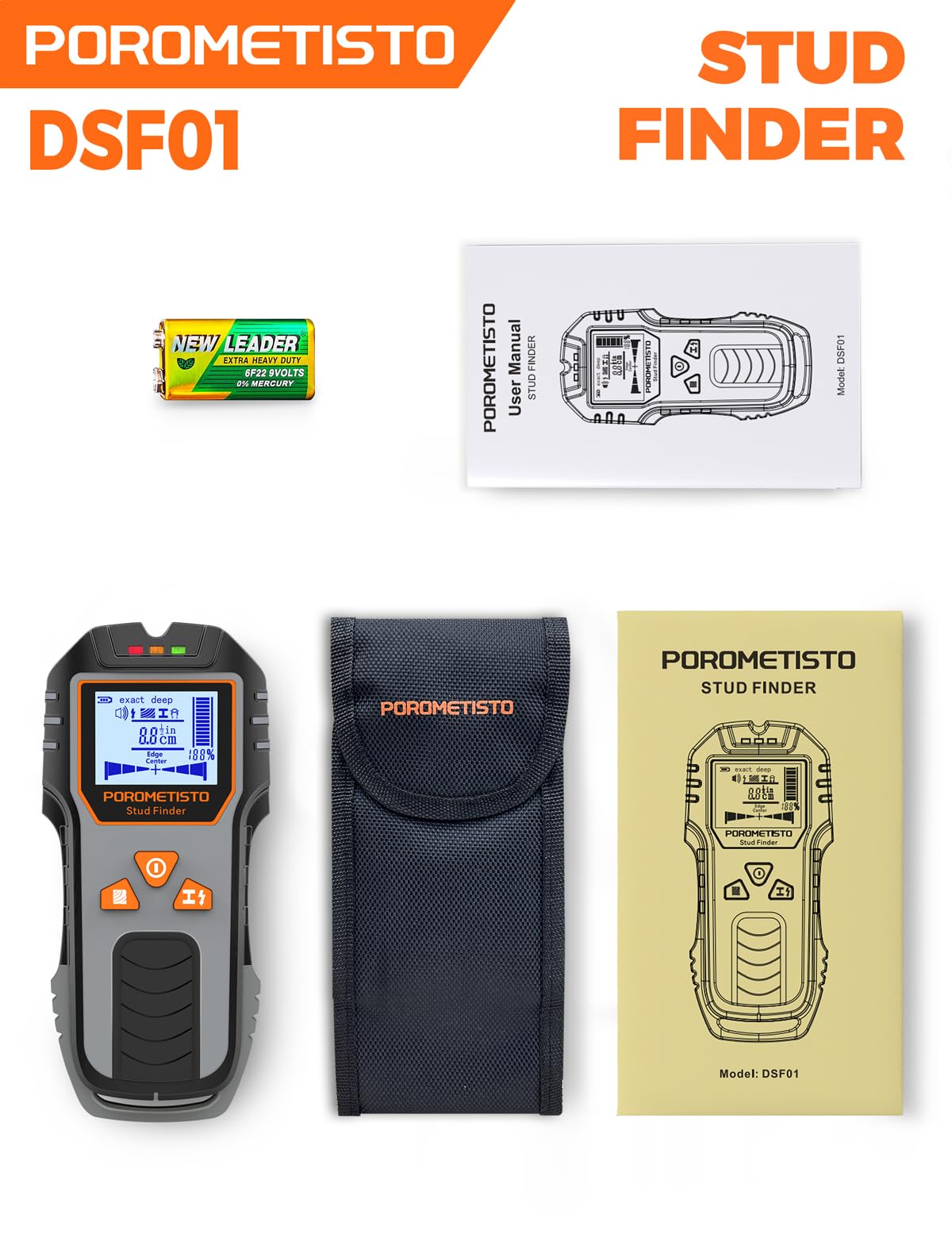 Leitungssucher Ortungsgerät, POROMETISTO DSF01 Wand Scanner, 6-in-1 Multifunktional Stud Finder | Leitungssuchgerät für Holzstuden, Eisenmetalle, Nichteisenmetalle, AC Kabel