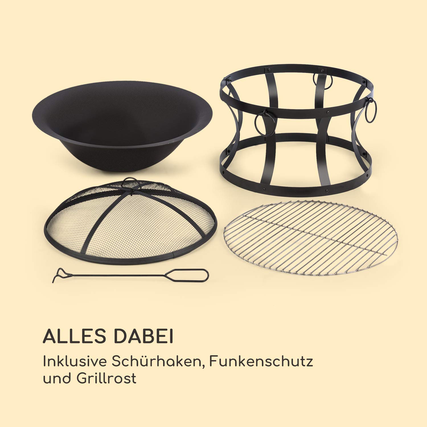blumfeldt Pentos 2-w-1 misa paleniskowa i grill (Ø 73 cm, zdejmowana ochrona przed iskrami, Ø 60 cm ruszt do grilla, FireView Concept, żeliwo, nośnik, w zestawie pogrzebacz i ruszt do grillowania), kolor czarny