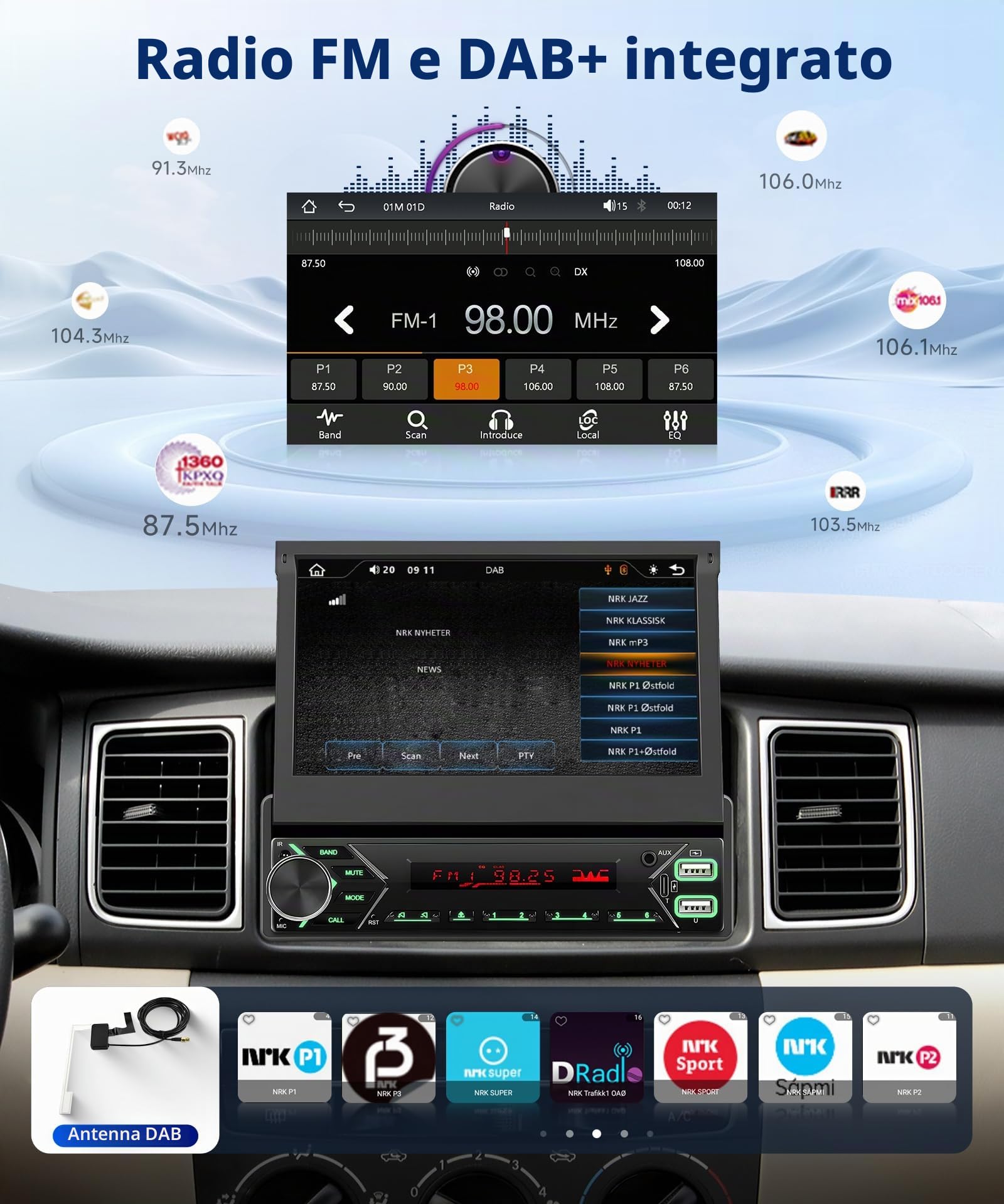 Hodozzy DAB Autoradio 1 Din Wireless Carplay Android Auto con 7 Pollici Retrattile Automatico Display Stereo Auto Bluetooth, Touchscreen con Mirror Link/FM/USB/AUX/TF+Telecamera Retromarcia