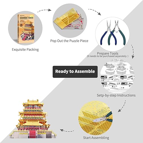 Miniatura 10 de Piececool Rompecabezas de metal 3D, el antiguo palacio de verano, arquitectura tradicional china, kit de modelos de construcción para adultos,