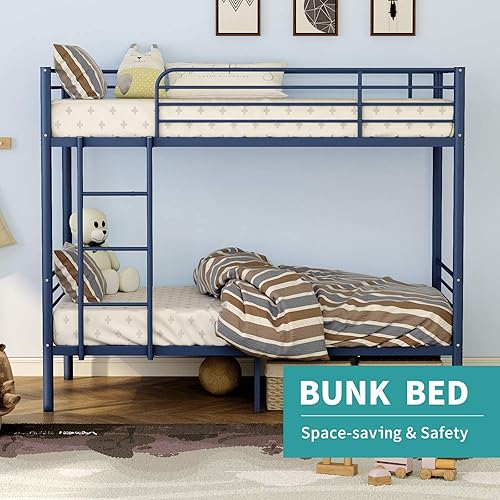 Miniatura 3 de Litera individual sobre individual, base de cama de metal resistente con barandilla y escaleras, ahorro de espacio, sin ruido, no necesita somier