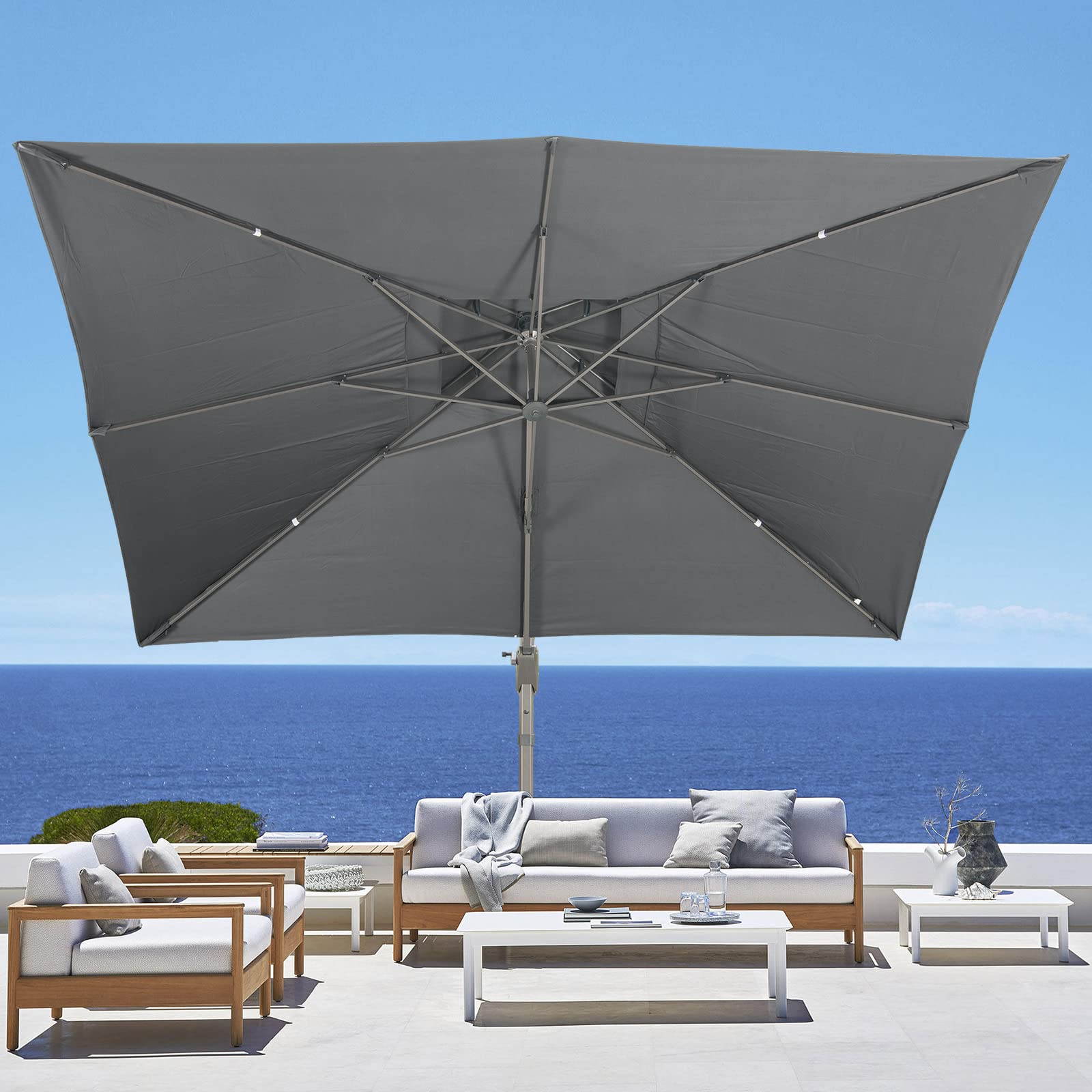 LKINBO Sonnenschirm 300 x 400 cm Rechteckig mit Ständer und Kurbel, Groß Ampelschirm Terrassenschirm 360°Drehbar Parasol Windfest Gartenschirm Wasserdicht Marktschirm für Garten Deck Outdoor, Grau