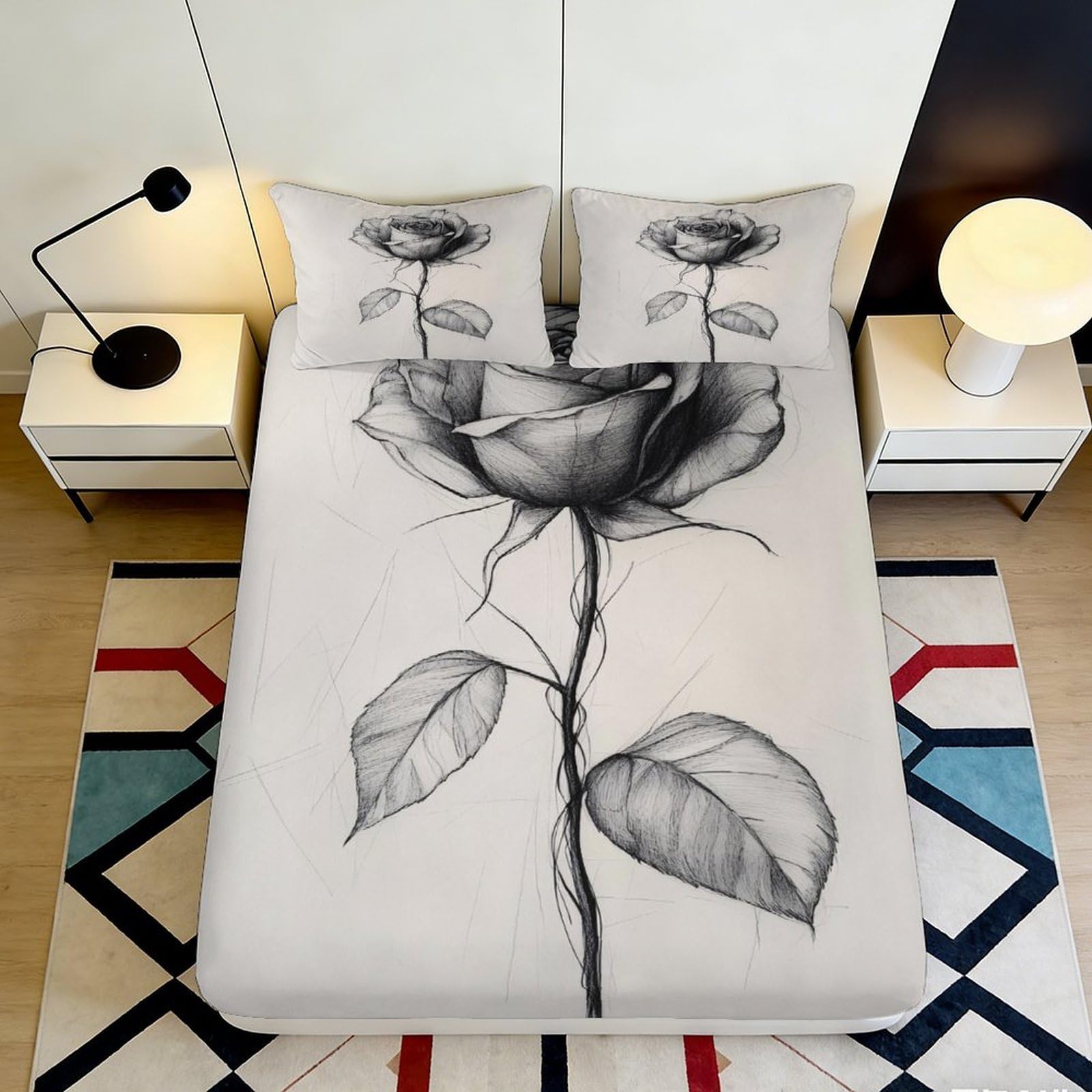 Jqzkxnhpbr Style-10 3D Printed Black Rose Fitted Sheet Microfiber Soft Breathable Sketch Flower Mattress Cover For Bedroom Guest Room Decor 90X200x25cm