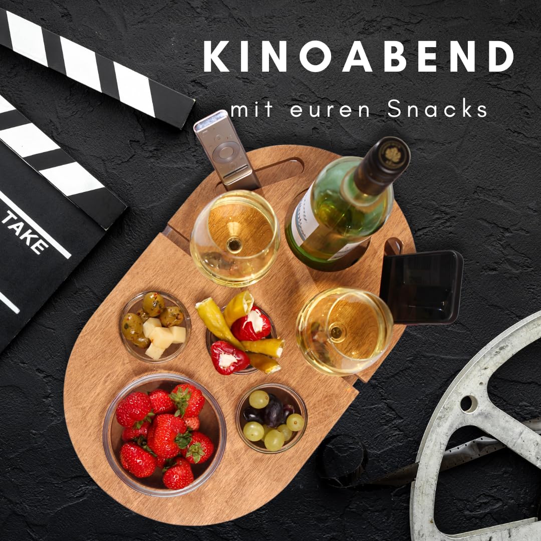 Couchbar Weinbar in Eiche mit 4 Glasschalen | PERSONALISIERBAR | Snackbox für Wein mit Getränkehalterung für Weingläser und Weinflasche | Sofabar für Snacks | Couch Bar personalisiert