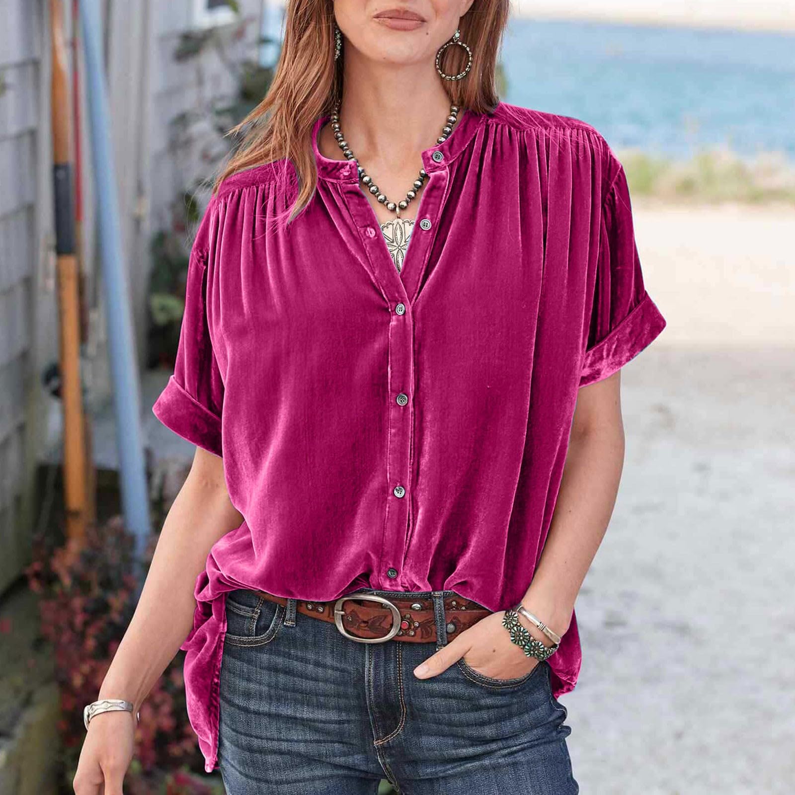 Top in velluto da donna, elegante, casual, con bottoni, comoda e morbida, a maniche corte