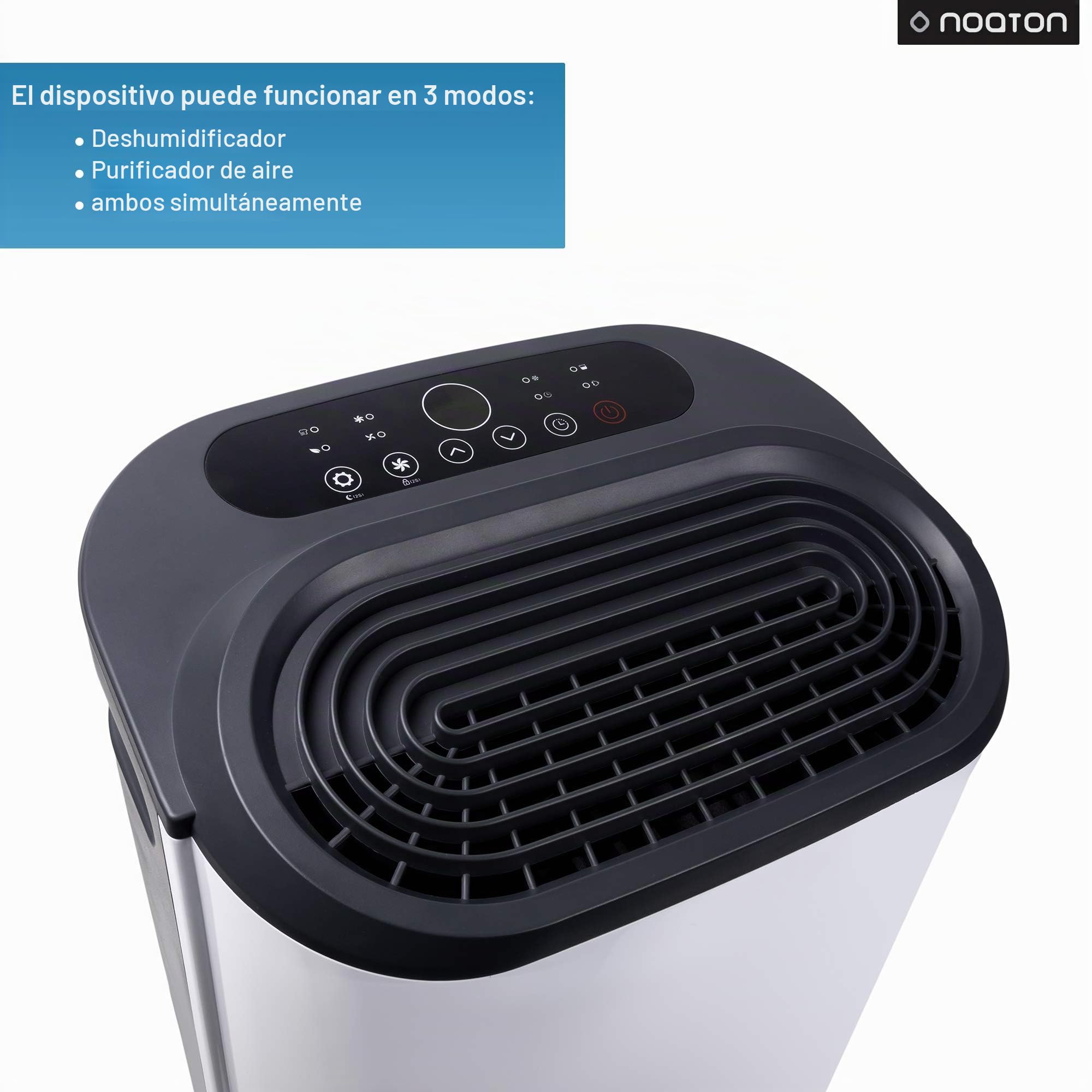 Deshumidificador y purificador de aire Noaton DF 4214 HEPA, salida de hasta 14 l, flujo de aire 95 m3/h, hasta 25 m2, filtro HEPA, consumo <210 W, secado de ropa