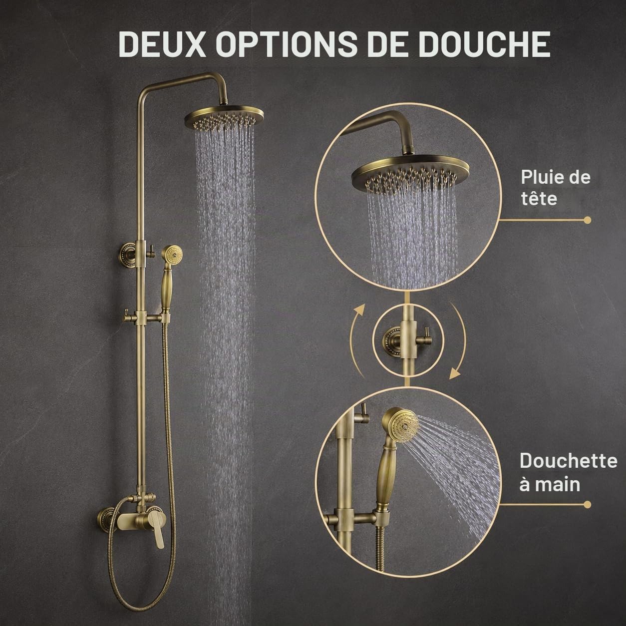 Ensemble de douche rond en cuivre antique, montage mural, mitigeur de baignoire, pommeau et douchette à effet pluie, barre réglable, style rétro bronze