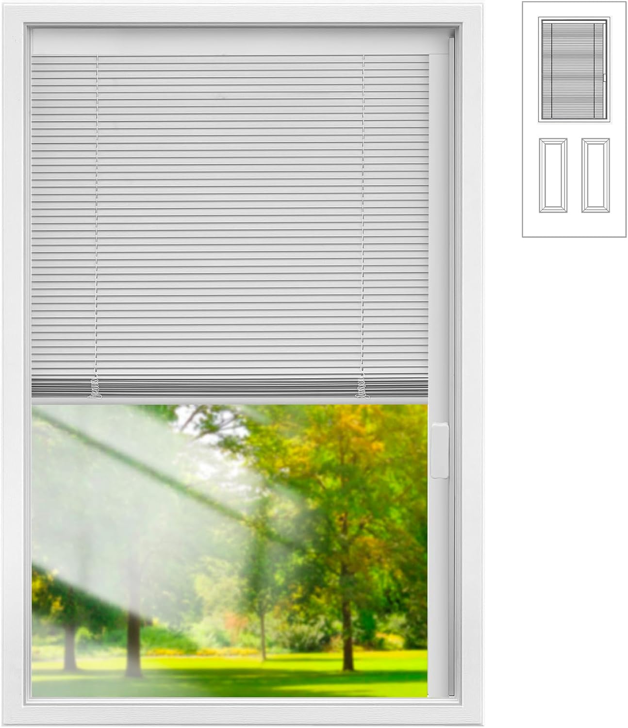Universal 22" x 36" Low E Entry Door Clear Glass Insert, Raise & Lower Blind Glass & Flat White Frame - Easy to Install, Use and Maintain - Innovative Window Shades Protected Behind Tempered Safety