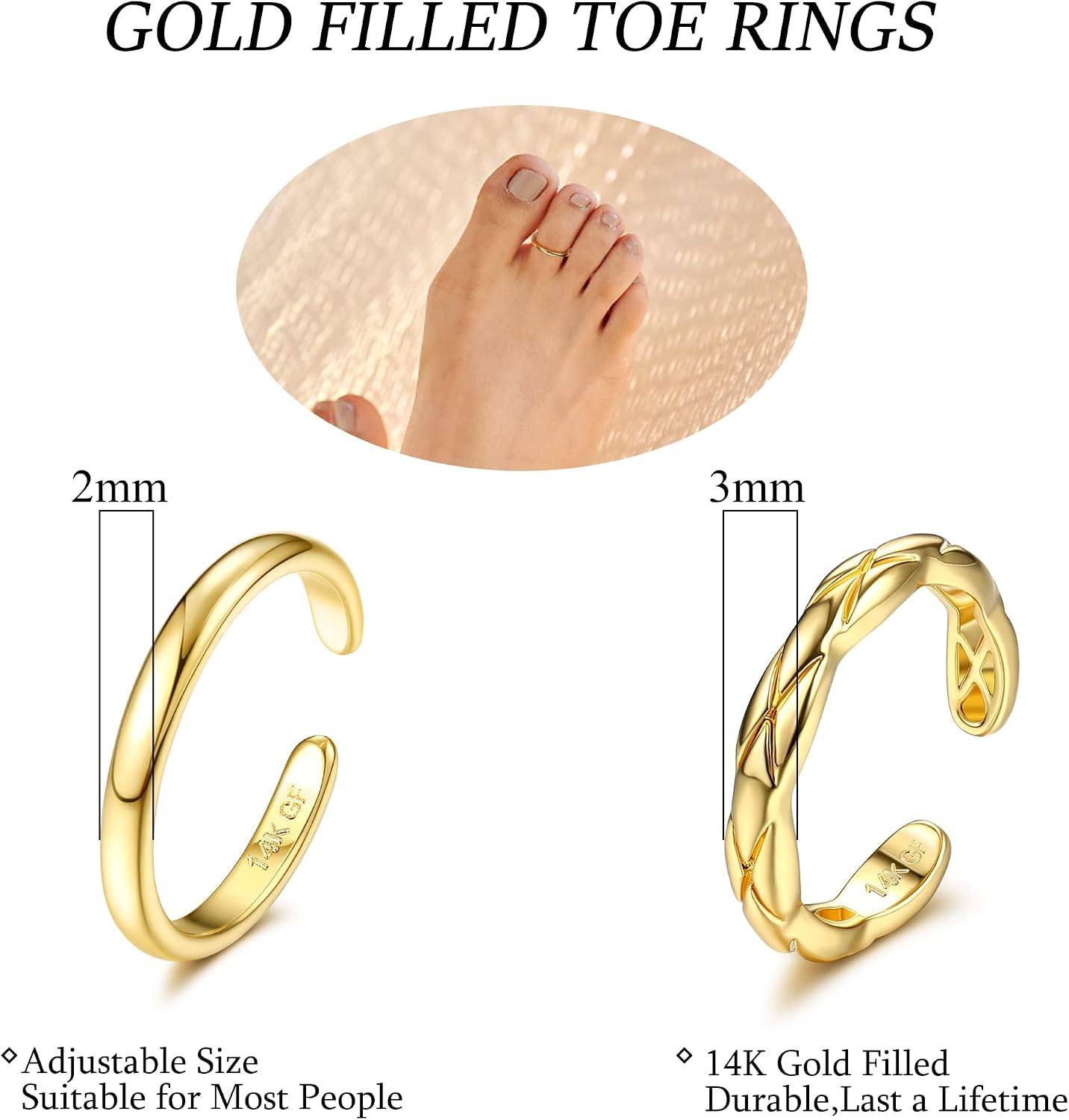 Morfetto Bagues d'orteil Remplies d'or 14 Carats pour Femmes Bagues à Bout Ouvert Réglables Ensemble de Bagues d'orteil à Bande Simple 1MM/2MM/3MM Bijoux de Pied de Plage d'été