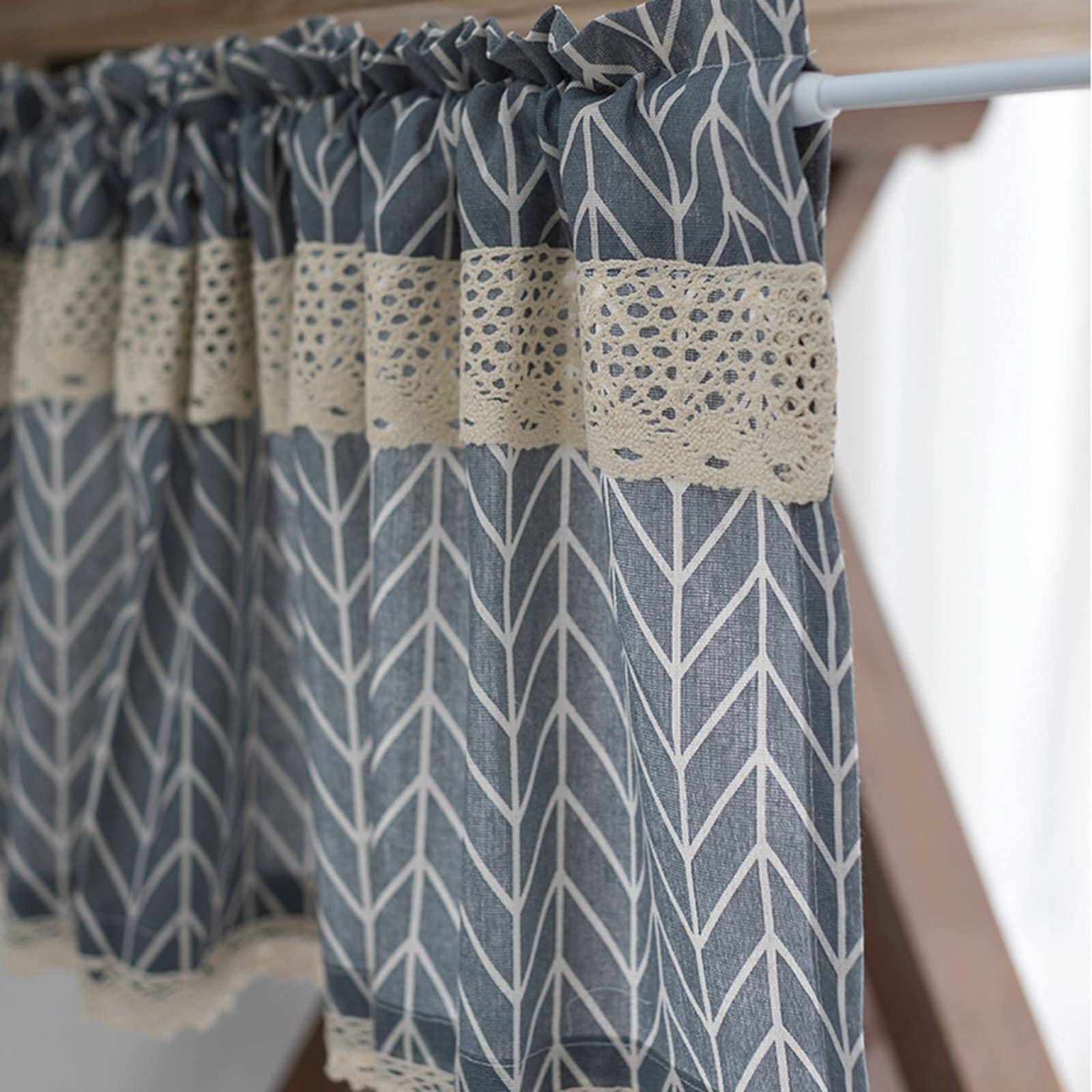 A.Monamour Tenda Corta per Finestra Piccola Opaco Cotone E Lino Rombo Grigio Geometrico Con Pizzo Tendina Tenda da Cucina Bistrot Caffè Mezza Tenda Mantovana Tenda a Vetro Tenda a Pannello Tenda Porta