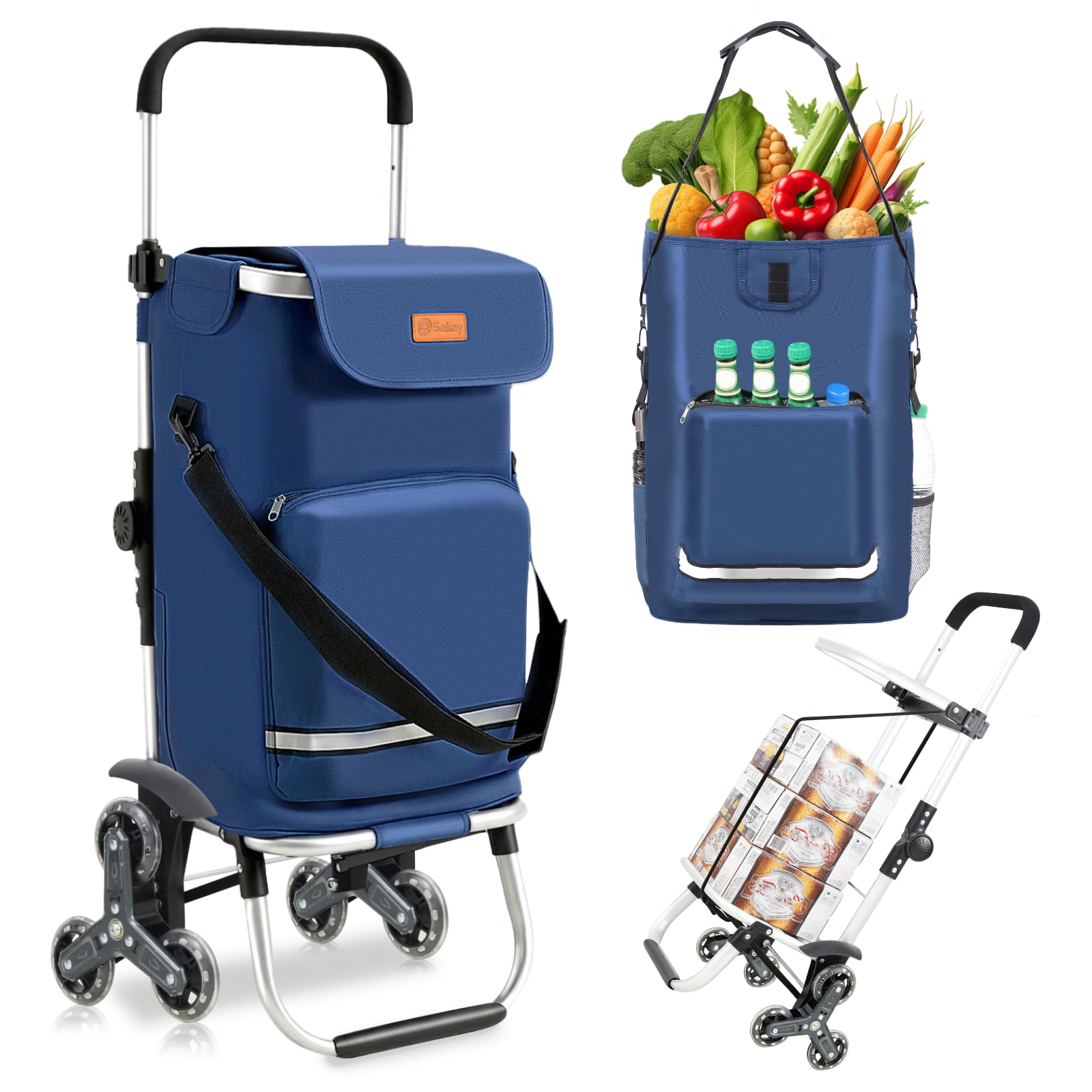 Sekey XXL Einkaufstrolley Treppensteiger mit 3 Rädern, Einkaufswagen für Camping und Einkäufe mit Höhenverstellbarem Griff, Aluminium 3-in-1 Trolley, Inklusive Kühlfach und Getränkefach, Blau