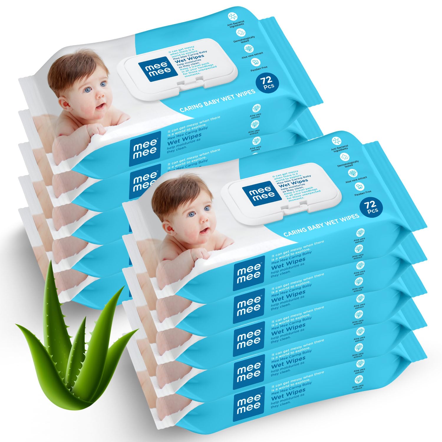 Mee Mee Wet Wipes for Baby Skin with Aloe Vera Paraben Free, Fragrance Free, pH Balanced, Dermatologically Safe, Baby Wipes Combo, 72 Wipes/Pack With Lid (Pack of 10 Wet Wipes)