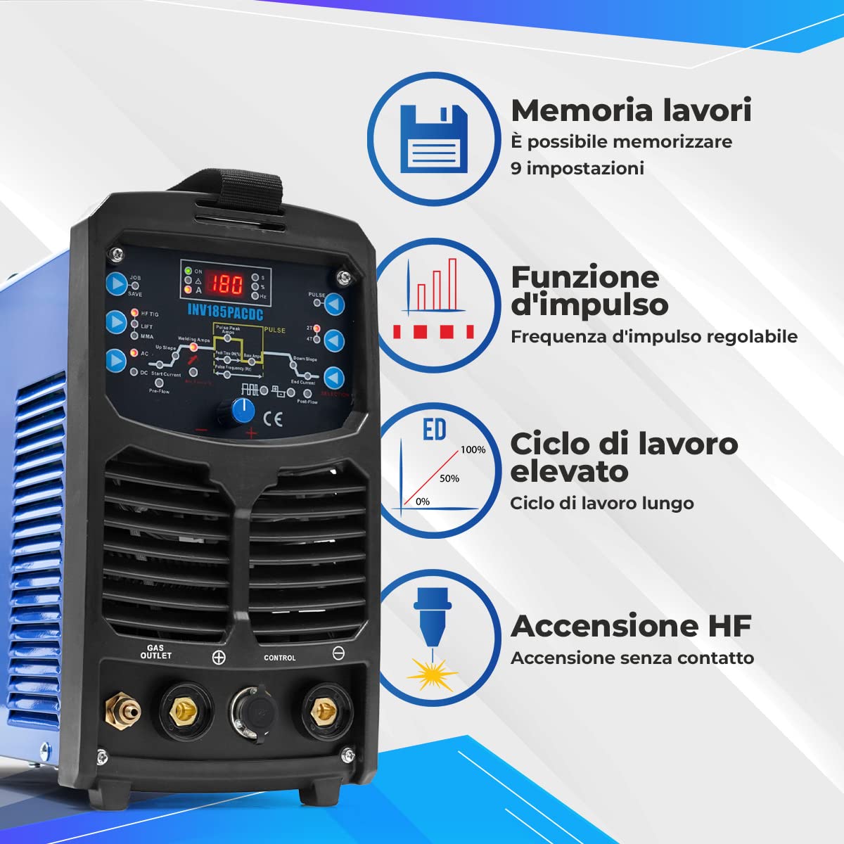 IPOTOOLS TIG INV185PACDC Saldatrice TIG - Saldatrice TIG con IGBT 180A 230V, Saldatrice a elettrodo MMA 3 in 1, Saldatrice portatile, 7 anni di garanzia