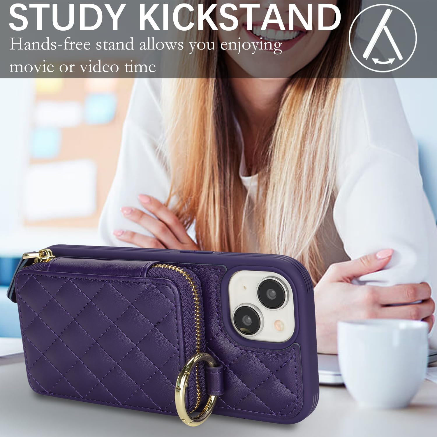 for iPhone 14 Case Wallet with Card Holder,for iPhone 14 Phone case Wallet with Zipper with Slot Kickstand Stand Case for Women and Man 5G 6.1 Inch-Purple