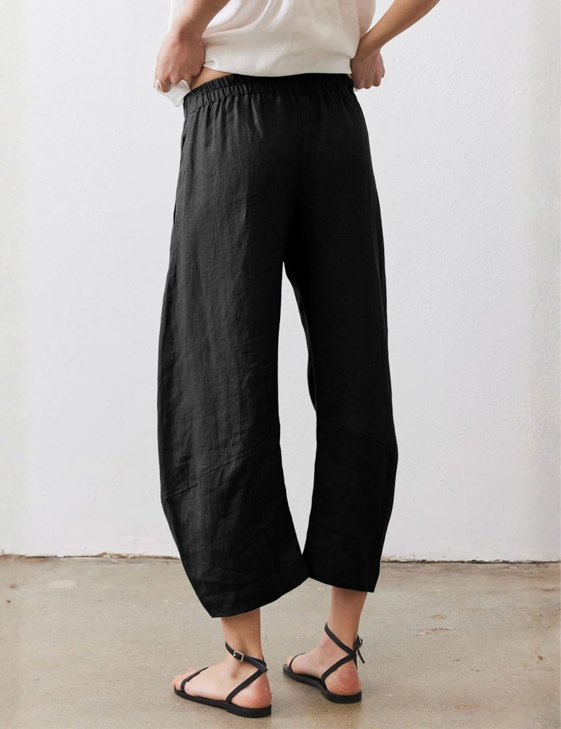 SeekMe Women's Cotton Linen Pants Barrel Leg Palazzo Elastic Waist Casual Capri for Beach Vacation - Image 3