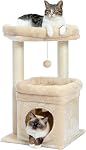 PAWZ Road Cat Tree, Small Cat Tower with Sisal-Covered Scratching Posts, Cozy Cat Condo, Soft Cat Perch and Plush Pompom for Indoor Cats, Beige