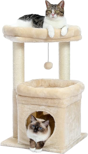 PAWZ Road Cat Tree, Small Cat Tower with Sisal-Covered Scratching Posts, Cozy Cat Condo, Soft Cat Perch and Plush Pompom for Indoor Cats, Beige