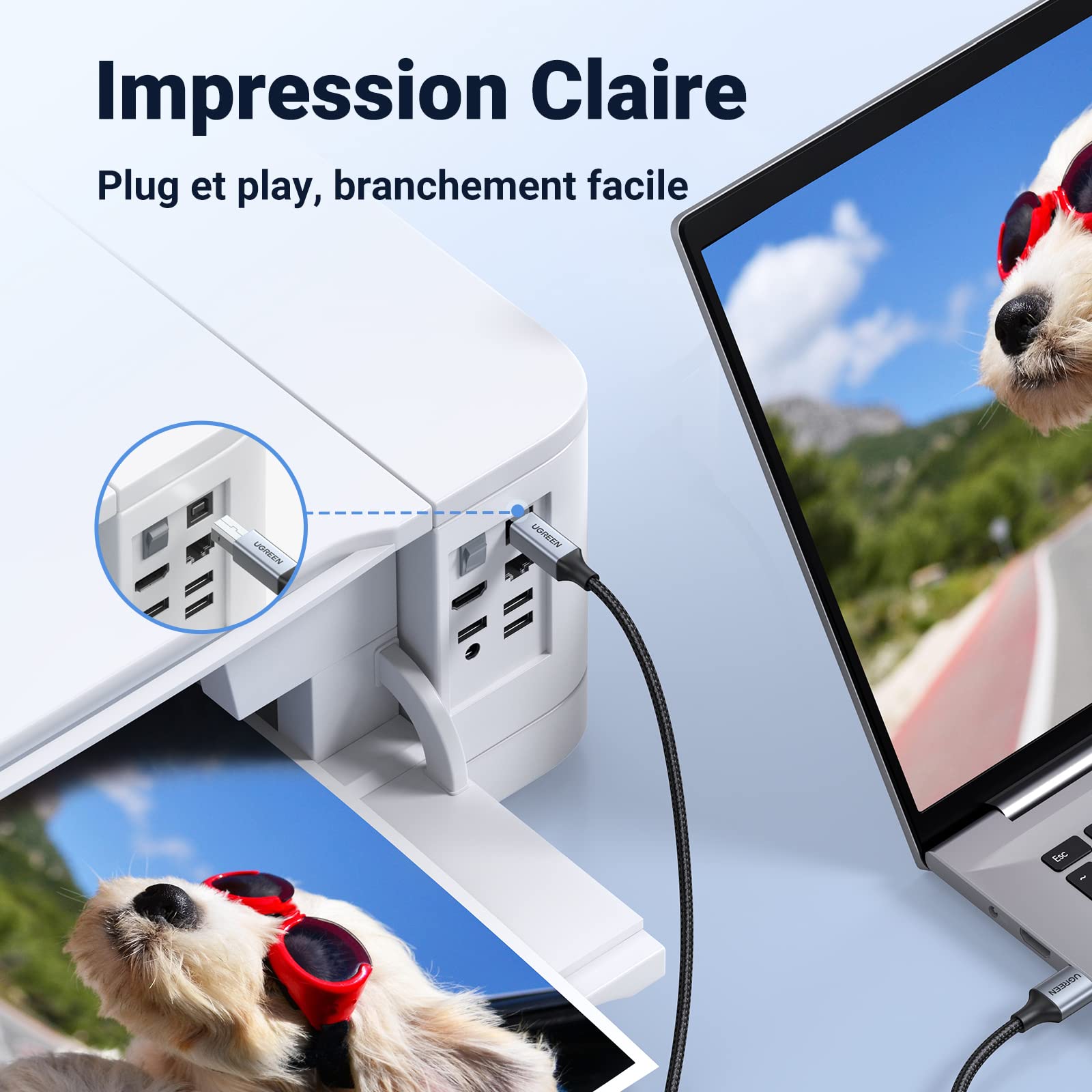 UGREEN Câble Imprimante USB 2.0 A vers B Nylon Tressé 2M