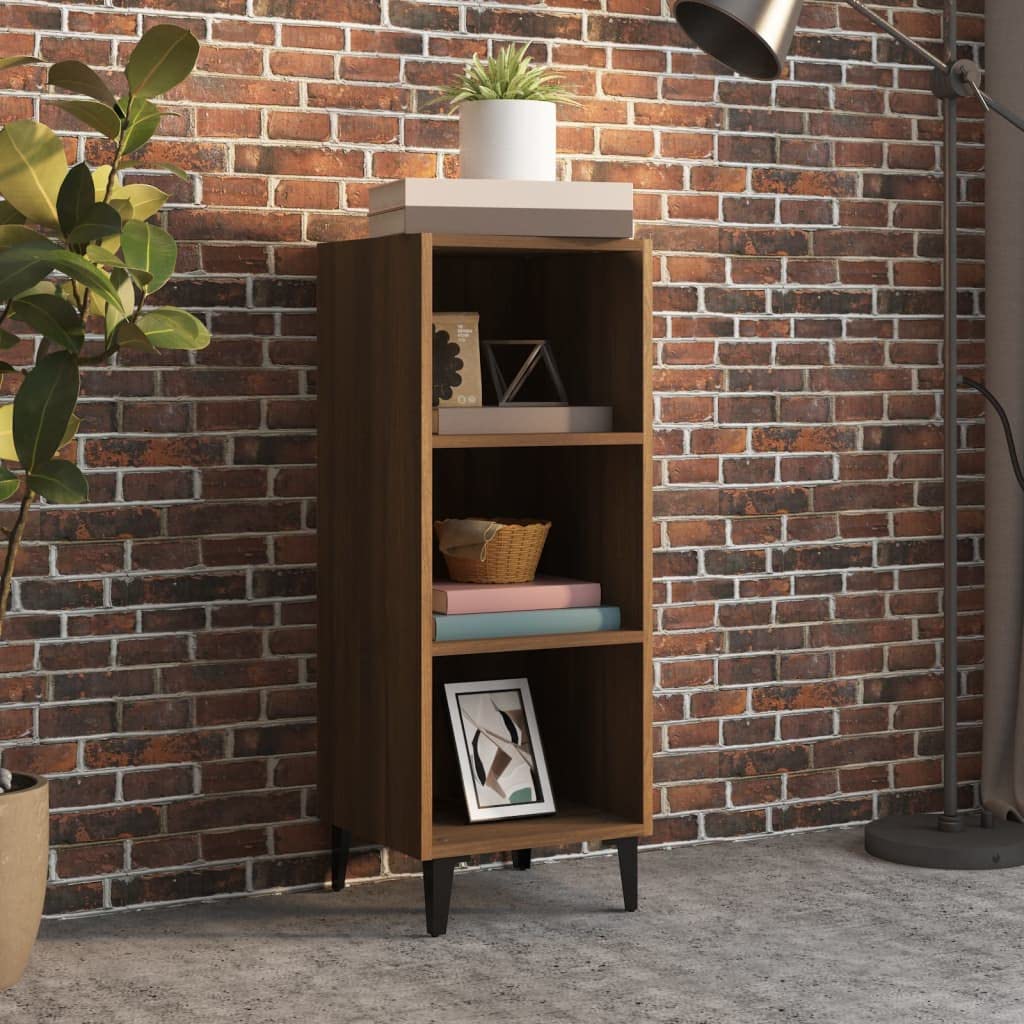 Sideboard Braun Eichen-Optik aus Holzwerkstoff mit Metallbeinen 34,5x32,5x90 cm Stauraum für Wohnzimmer Flur Schlafzimmer, kompakter Schrank mit 3 Fächern, moderner Beistellschrank
