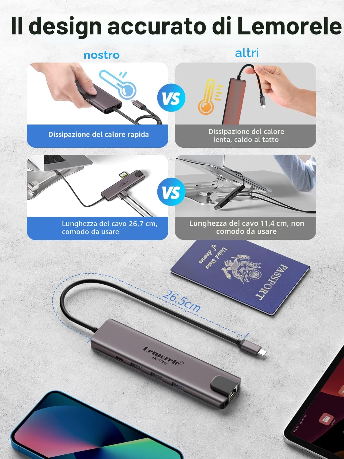 Lemorele Hub USB C 10-in-1 con Porta Ethernet RJ45, HDMI 4K@60Hz, 2 USB 3.0 + 2 USB 2.0, PD 100W, Lettore SD/TF - Docking Station in Alluminio per MacBook Air/Pro, PC Portatile