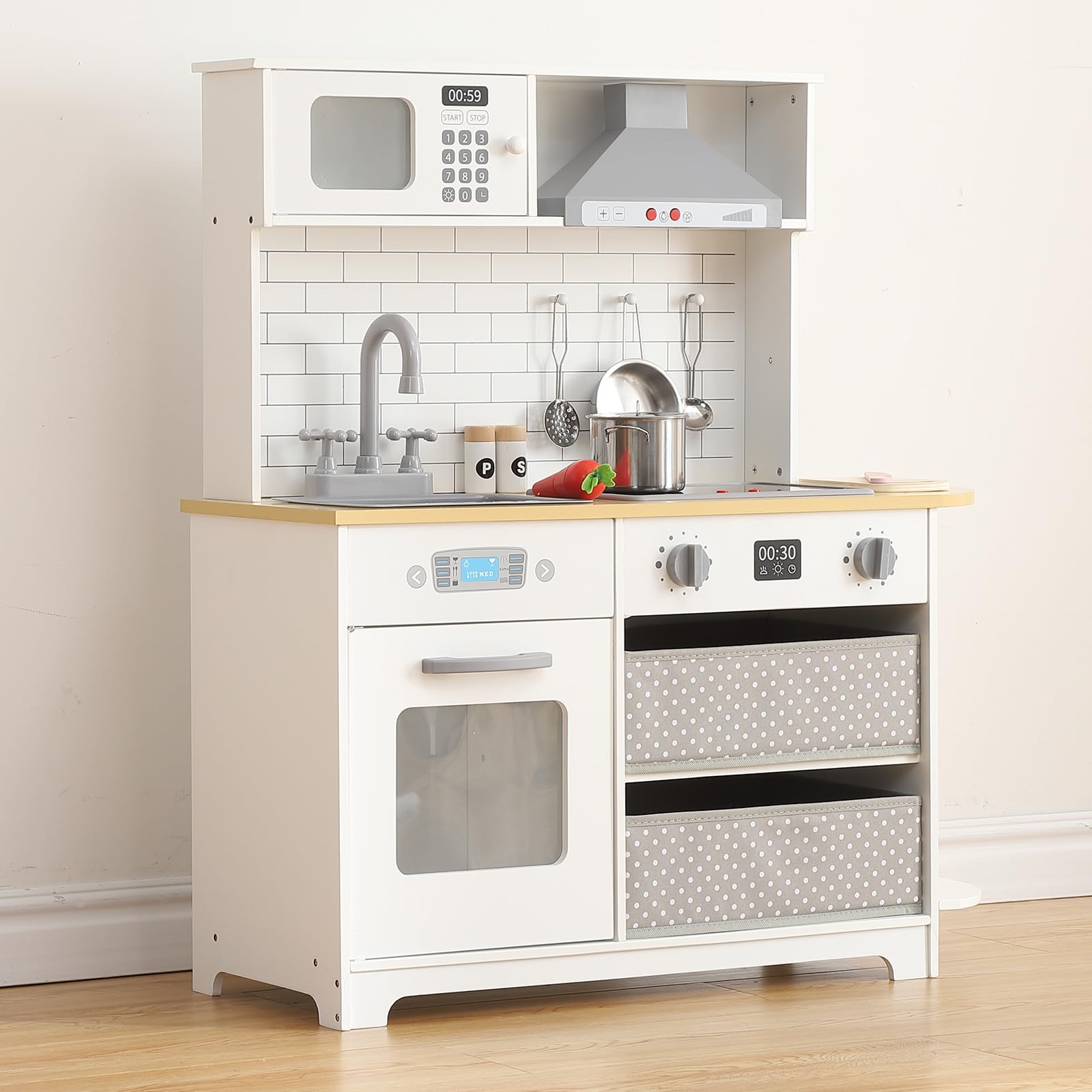 Wooden Play Kitchen for Kids - Innovative Corner Design, Realistic Cooking Sounds, Complete Accessories, Ample Storage Space, and Sound & Light Features