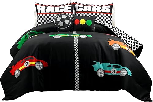 Miniatura 10 de Lush Decor Racing Cars - Juego de edredón reversible de 5 piezas, tamaño matrimonialqueen, color negro