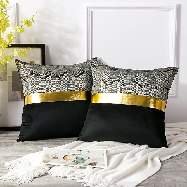 Artscope Set of 2 Velvet Cushion Covers for Bed Couch Sofa Car Decor Luxury Modern Minimalist Gold Leather Stitching Wavy Stripes Square Pillowcase Throw Pillow Covers 45x45cm Black