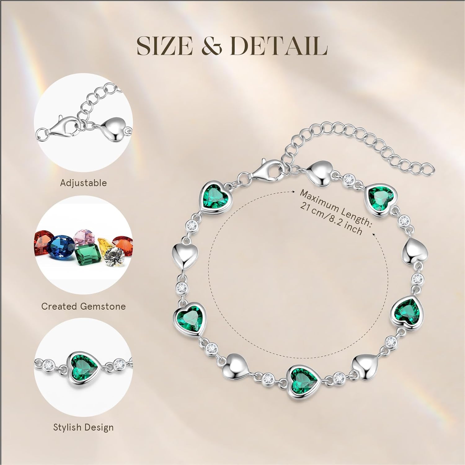 Carleen Birthstone Bracelets for Women 925 Sterling Silver Five Heart Station Created Gemstone Tennis Bracelet Jewelry Anniversary Birthday for Wife, 7"+1.2" Extender