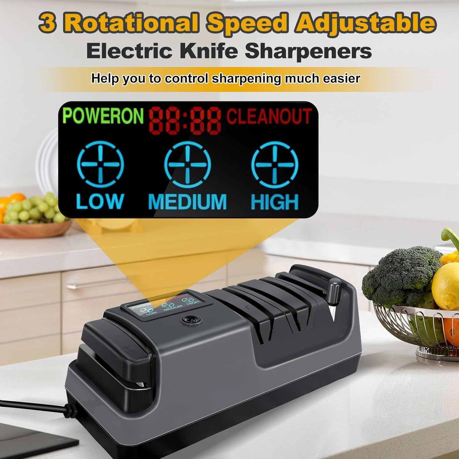 Electric Knife Sharpener, 5 in 1 Multifunctional 3-Speed Variable Professional Knife Sharpener with LCD Screen for Straight, Serrated, Meat Cleaver, Ceramic Knives, Scissors & Axes, Gray