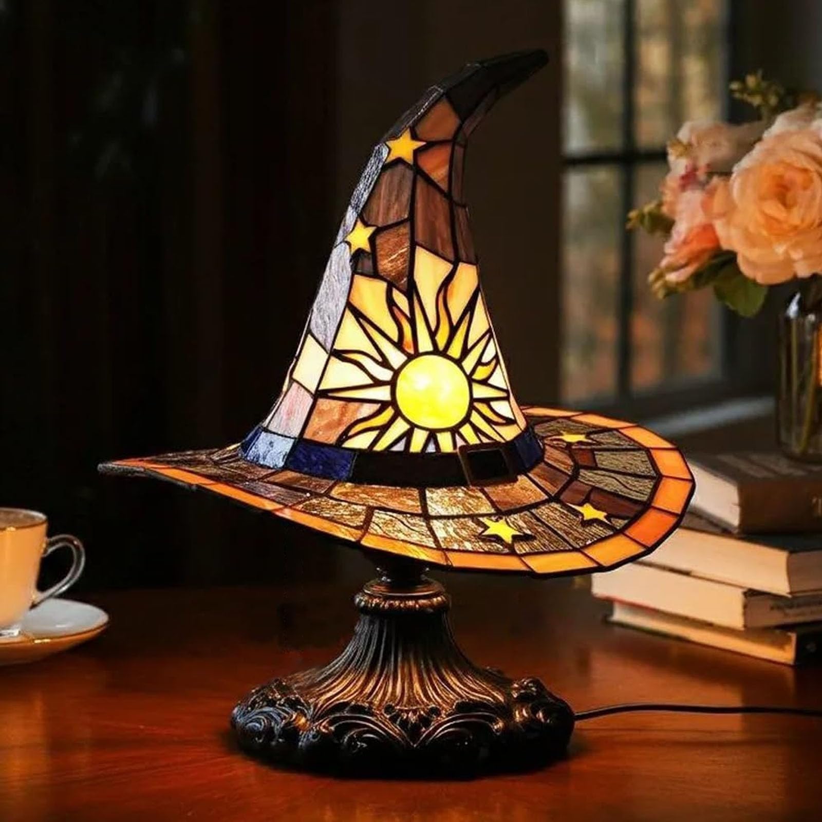 Witch Hat Lights, Glowing Witch Hat, Bedroom Decoration Retro Resin Lamp, Colorful Witch Lights for Halloween Decoration, A Bedside Table Lamp with A Mysterious Charm (-A)