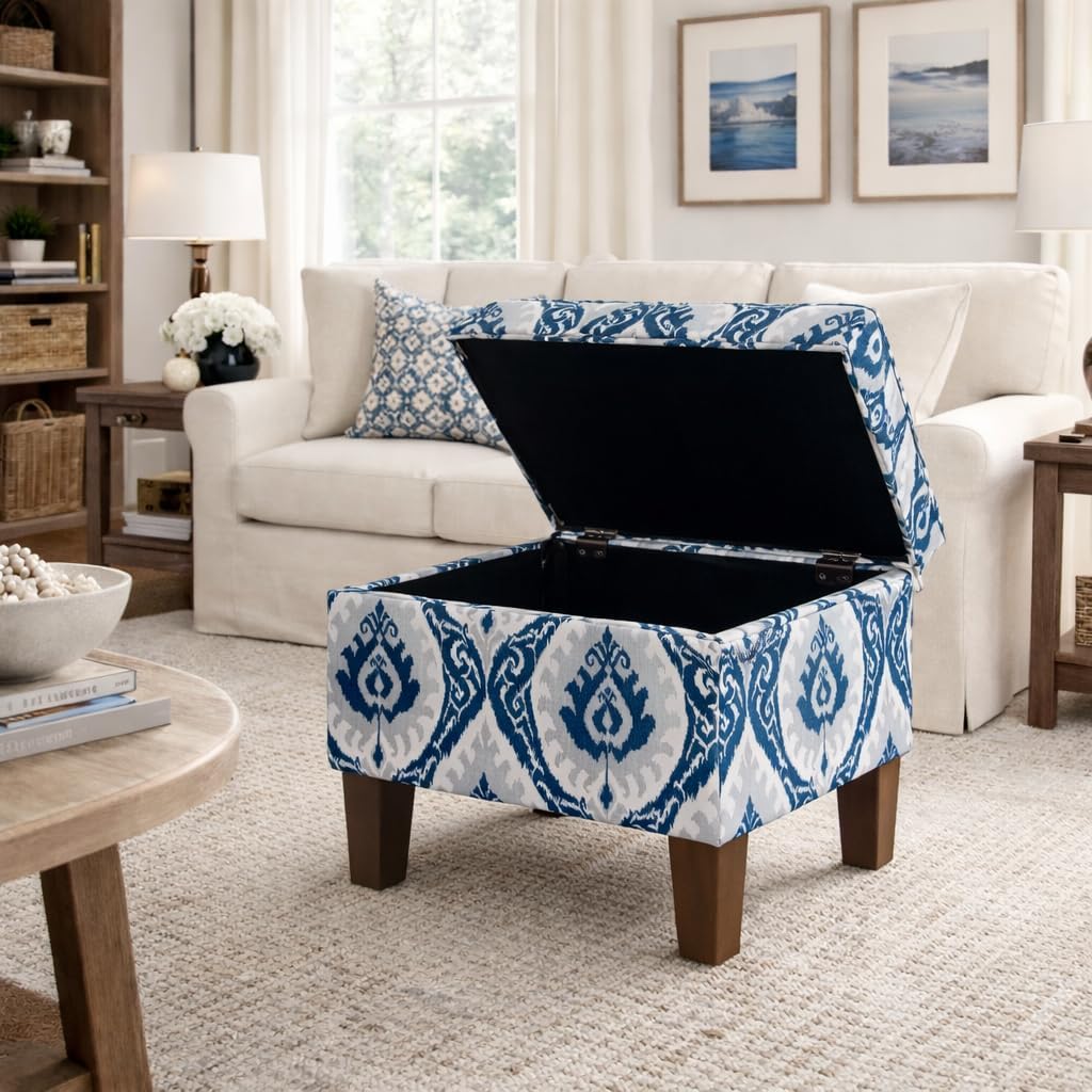 Homepop Home Decor |K7646-A877| Upholstered Modern Rectangular Storage Ottoman | Hinged Lid Ottoman with Storage for Living Room & Bedroom, Blue Ikat Medallion Print