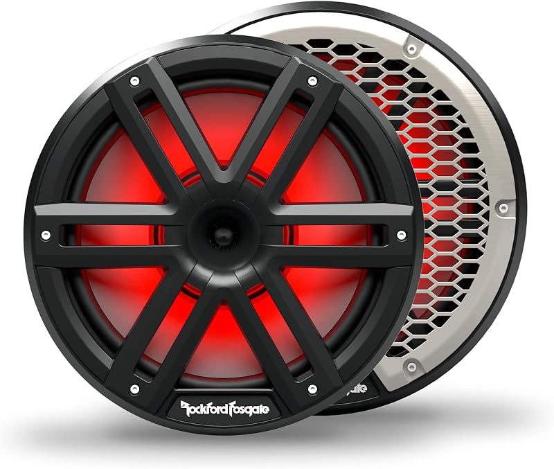 Rockford Fosgate M2-10HB Color Optix 10” Marine Speakers - Black (Pair) | 2-Way Coaxial/Horn Tweeters, Sport and Stainless Grilles Options, Offering Ultra Bright Multicolor LED Lighting Experience