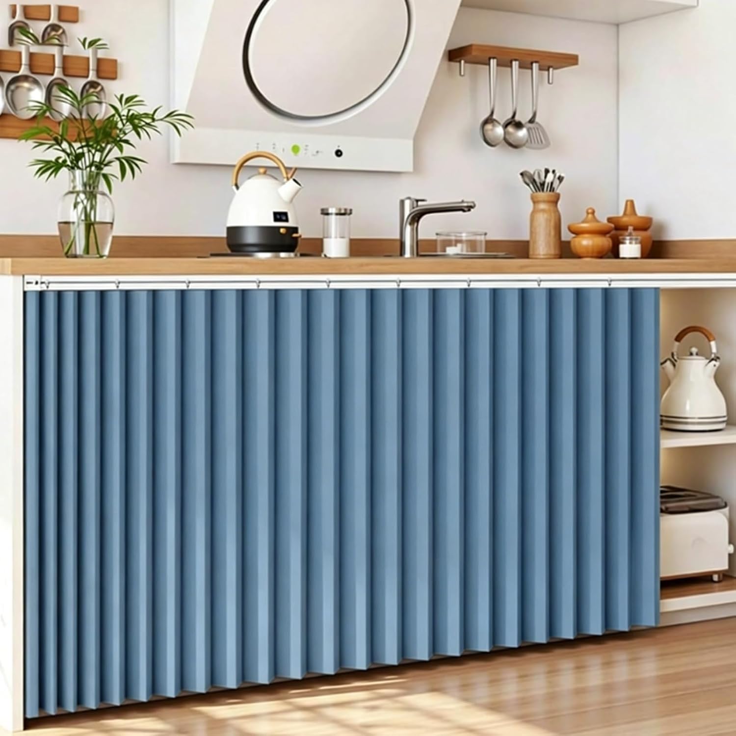 Cabinet Curtain for Kitchen Under Sink,Magnetic Accordion Door Curtain,No-Drill Self-Adhesive Track Short Cabinet Curtains for Under Sink, Pantry, RV & Laundry Room