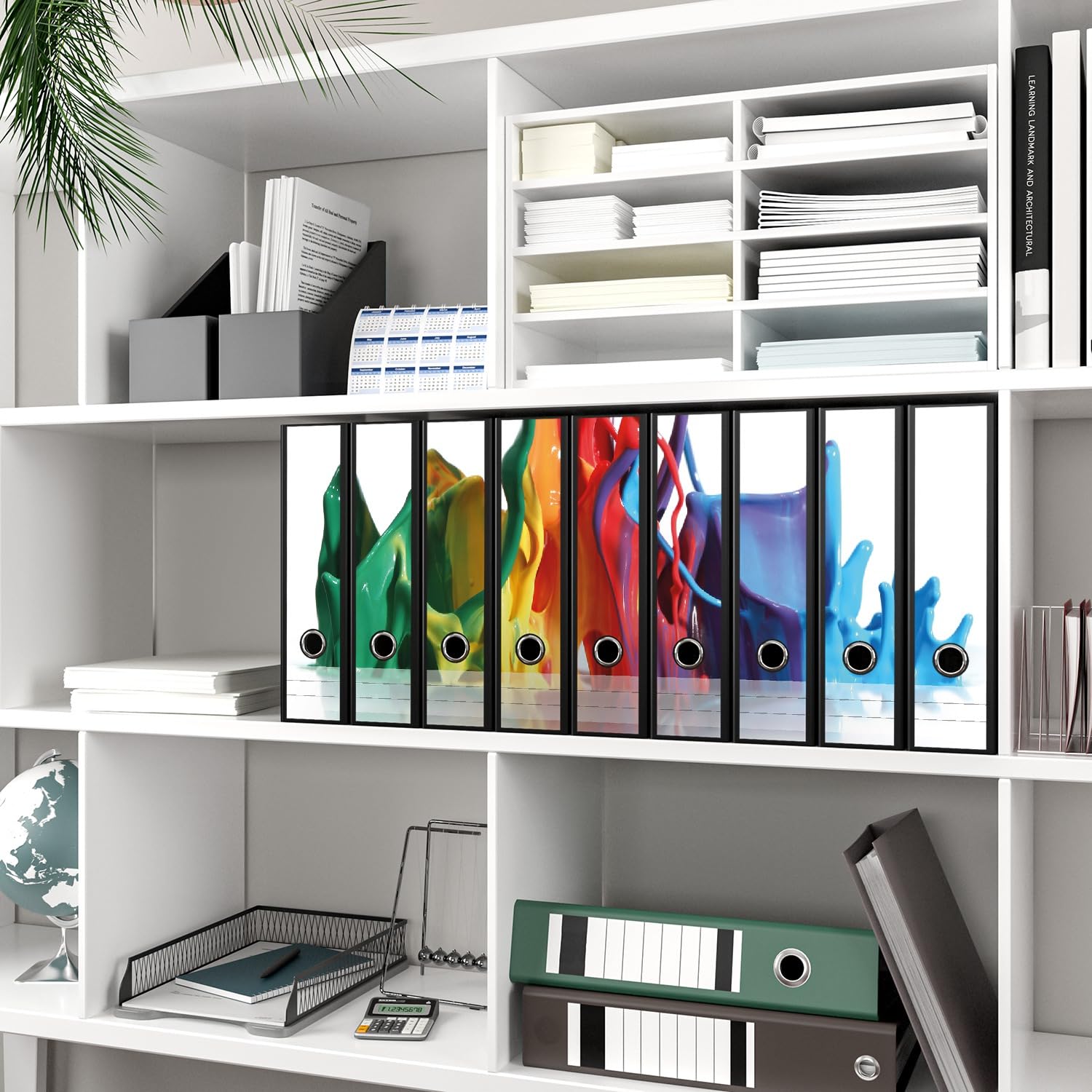 Wallario 9 Stück breite Ordner inkl. Klebeetiketten mit Motiv Farbklecks von Links - Bunte Farben auf Abwegen - Set mit Rückenschildern/Ordnerrücken Stickern
