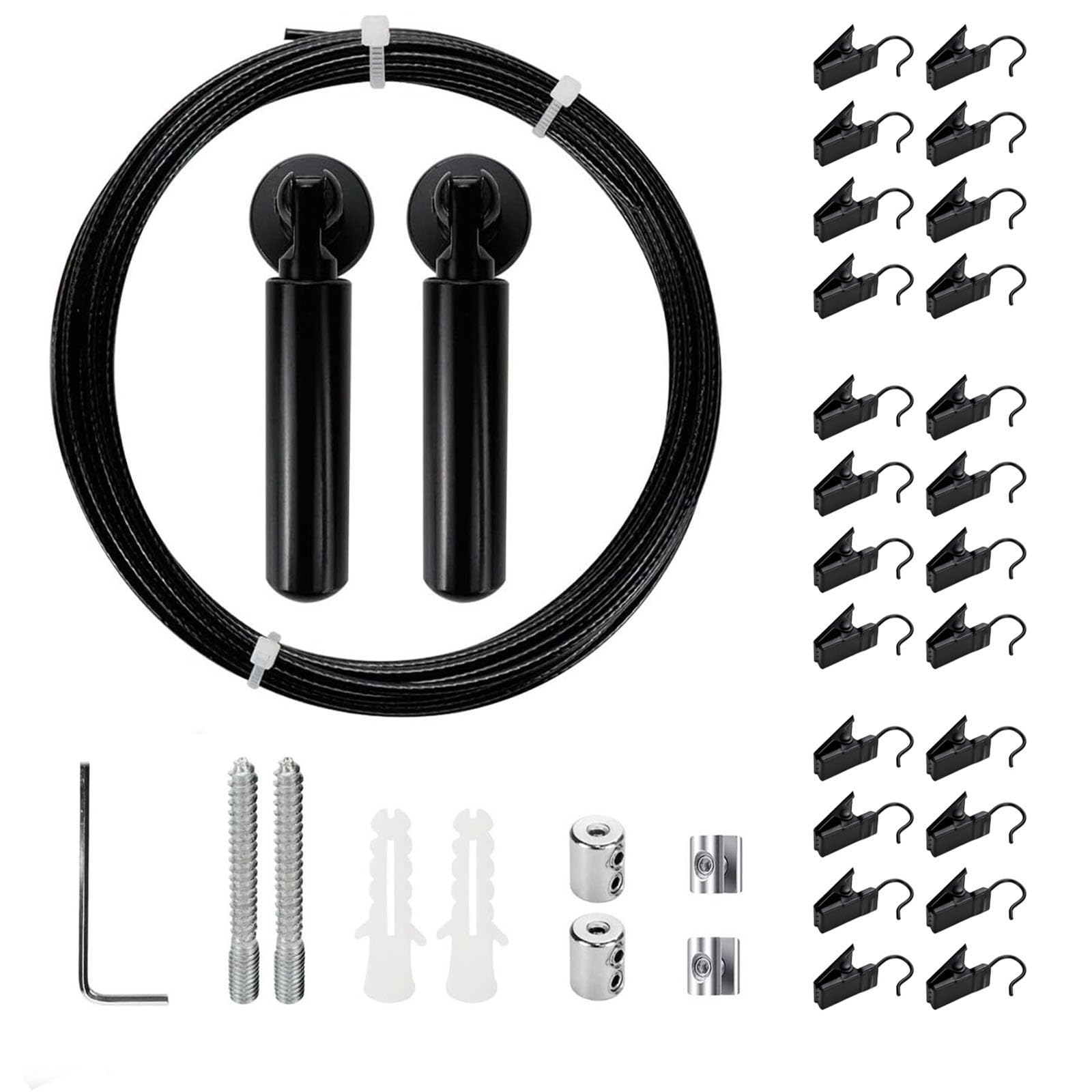 Yuqim Wall Mount Curtain Wire Rod Kit Stainless Steel Picture Hanging Wire with 24 Hanging Clips Clothesline Wire Multi-Purpose Curtain Rod Set(Black)