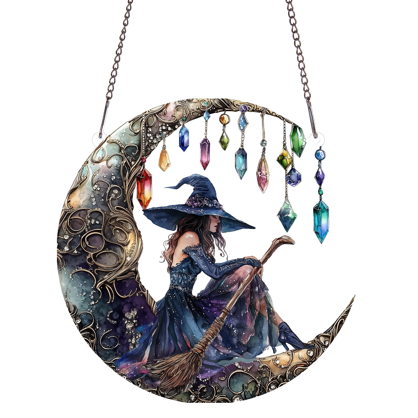 PLIGREAT Atrapasoles de Acrílico de Bruja Lunar para Ventana y Pared, Arte Colgante Pintado y Colorido, Artesanías, Atrapasoles para Jardín, Hogar, Interior y Exterior, Decoración Colgante, Regalo