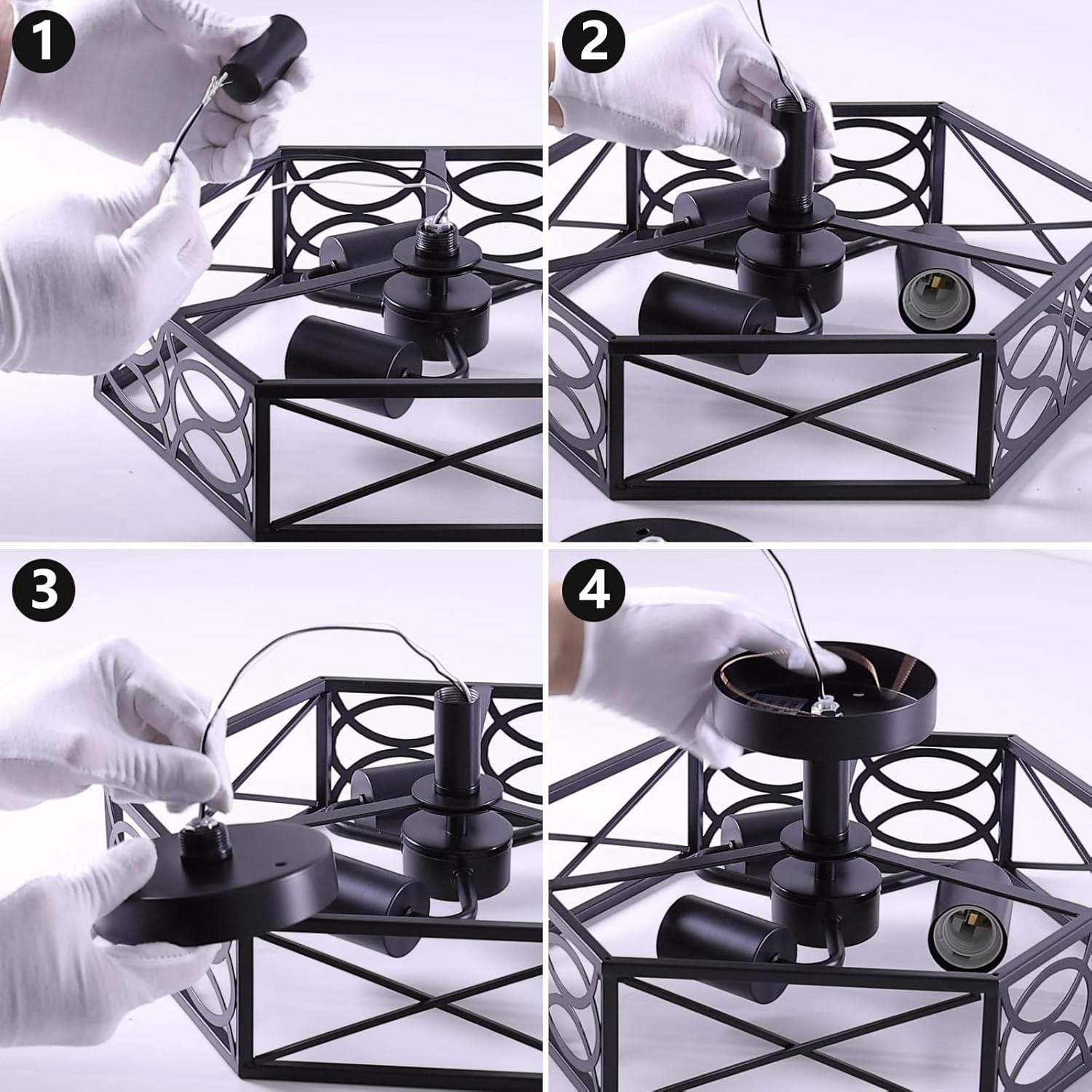 Modern Black Semi Flush Mount Ceiling Light Fixture, Industrial Close to Ceiling Light with Metal Hexagon Cage, Vintage Farmhouse 3-Light Ceiling Lamp for Kitchen, Hallway, Bathroom