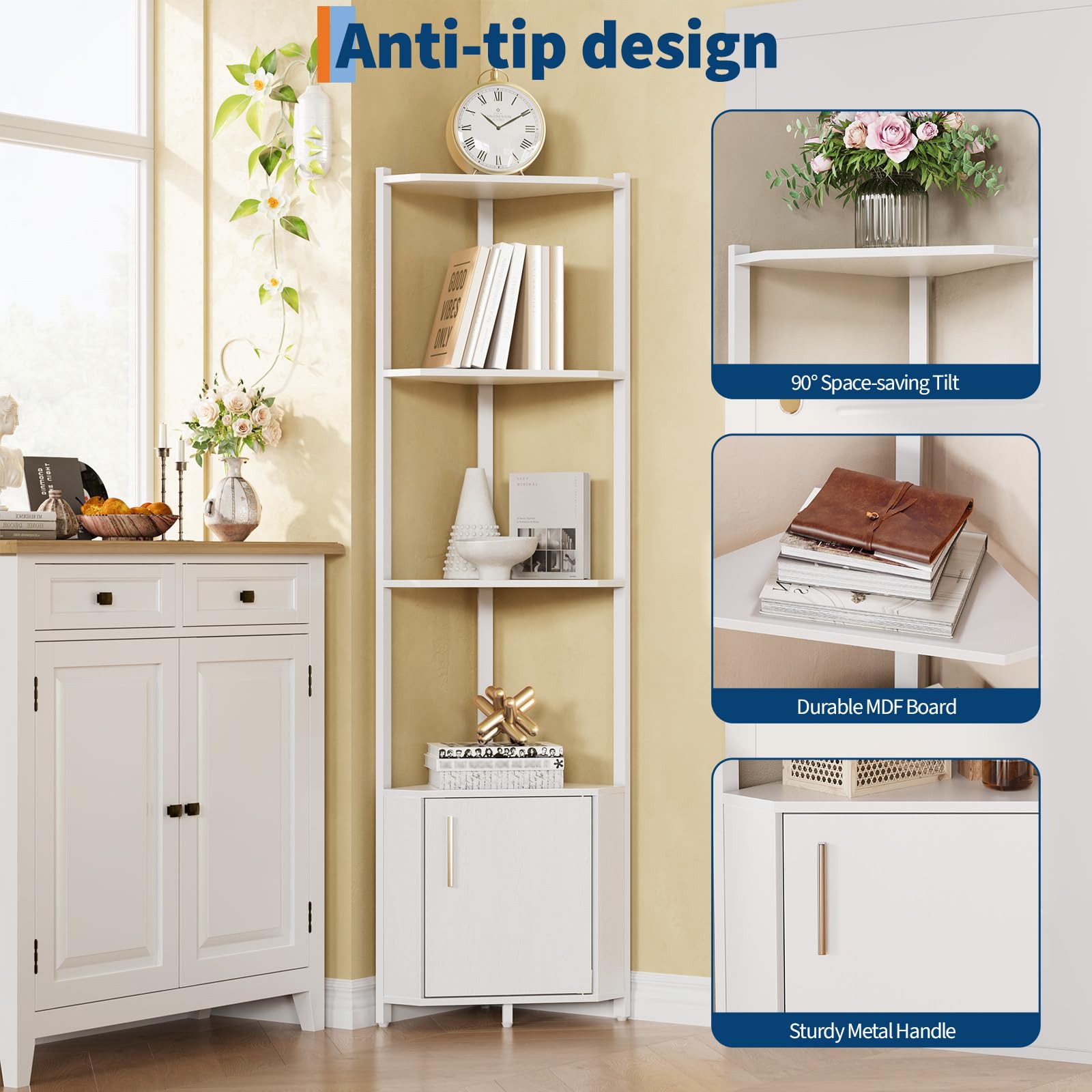 Garvee Modernes 5-stöckiges Eckregal aus Holz – 145 cm hoch – Platzsparendes Standregal für Wohnzimmer, Schlafzimmer, Küche oder Bad – Viel Stauraum – Einfache Montage – Weiß