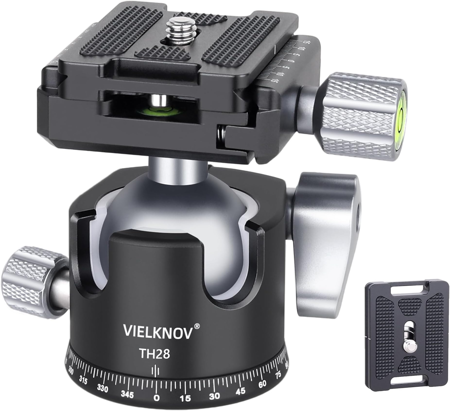 VIELKNOV Low Profile Ball Head, 28mm Metal Double U Groove Panoramic Ball Head with Arca 1/4" Quick Release Plate for Tripod Monopod Slider DSLR Camera, Max Load 10kg