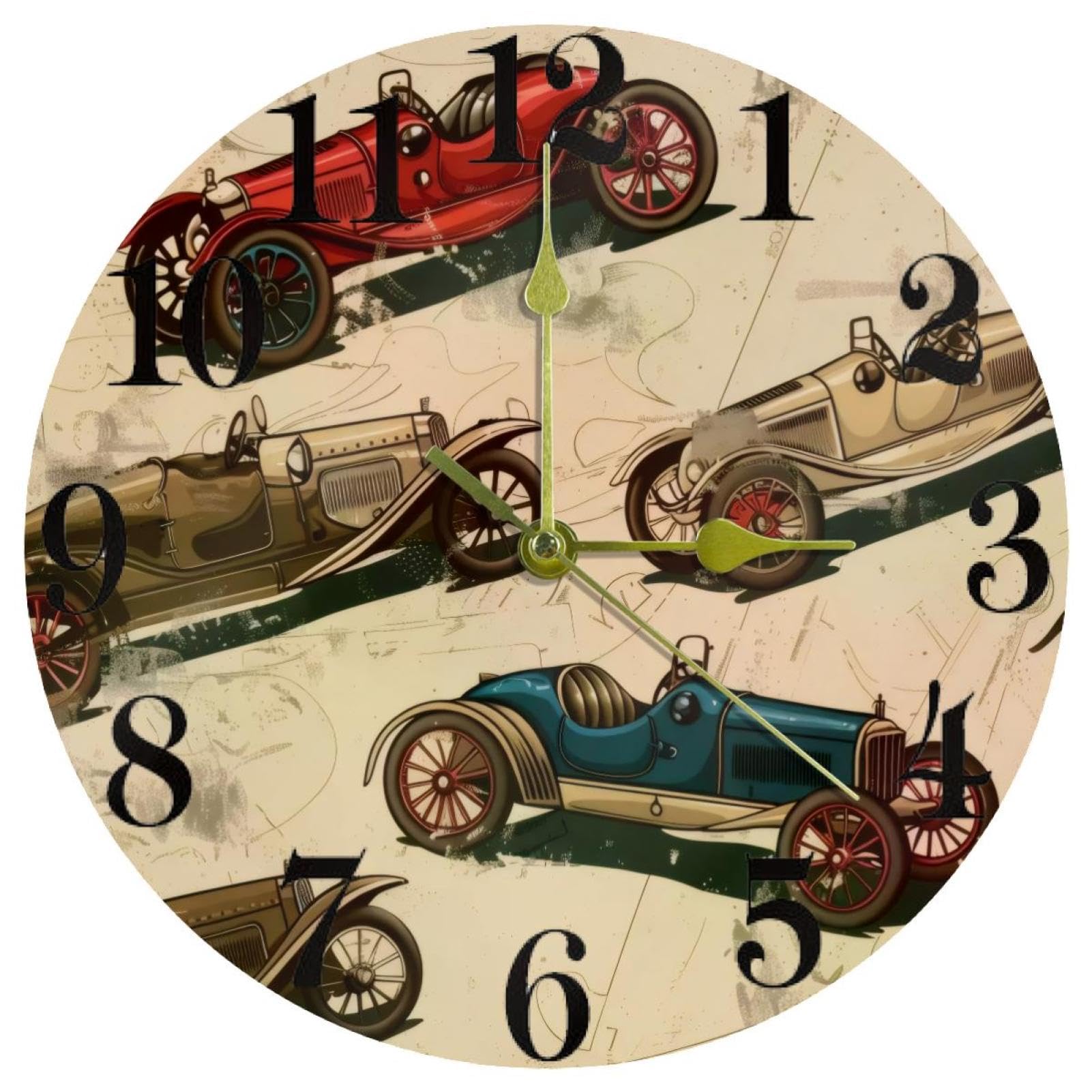 Horloge murale vintage voiture de course ronde silencieuse à quartz pour bureau et maison