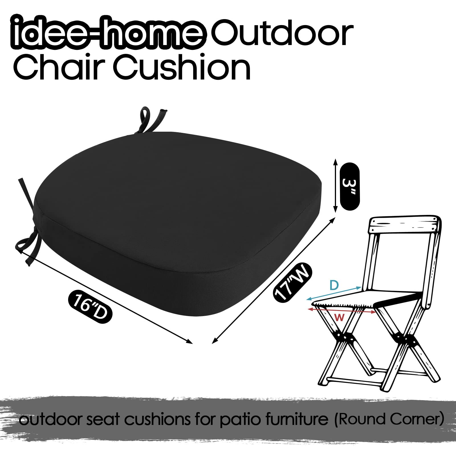 idee-home Outdoor Chair Cushions Set of 2, Waterproof Patio Furniture Cushions with Ties, Thick Outdoor Cushion Seat Cushion Dining Chair Cushions 17" x 16" x 3" Indoor Chair Pads Black
