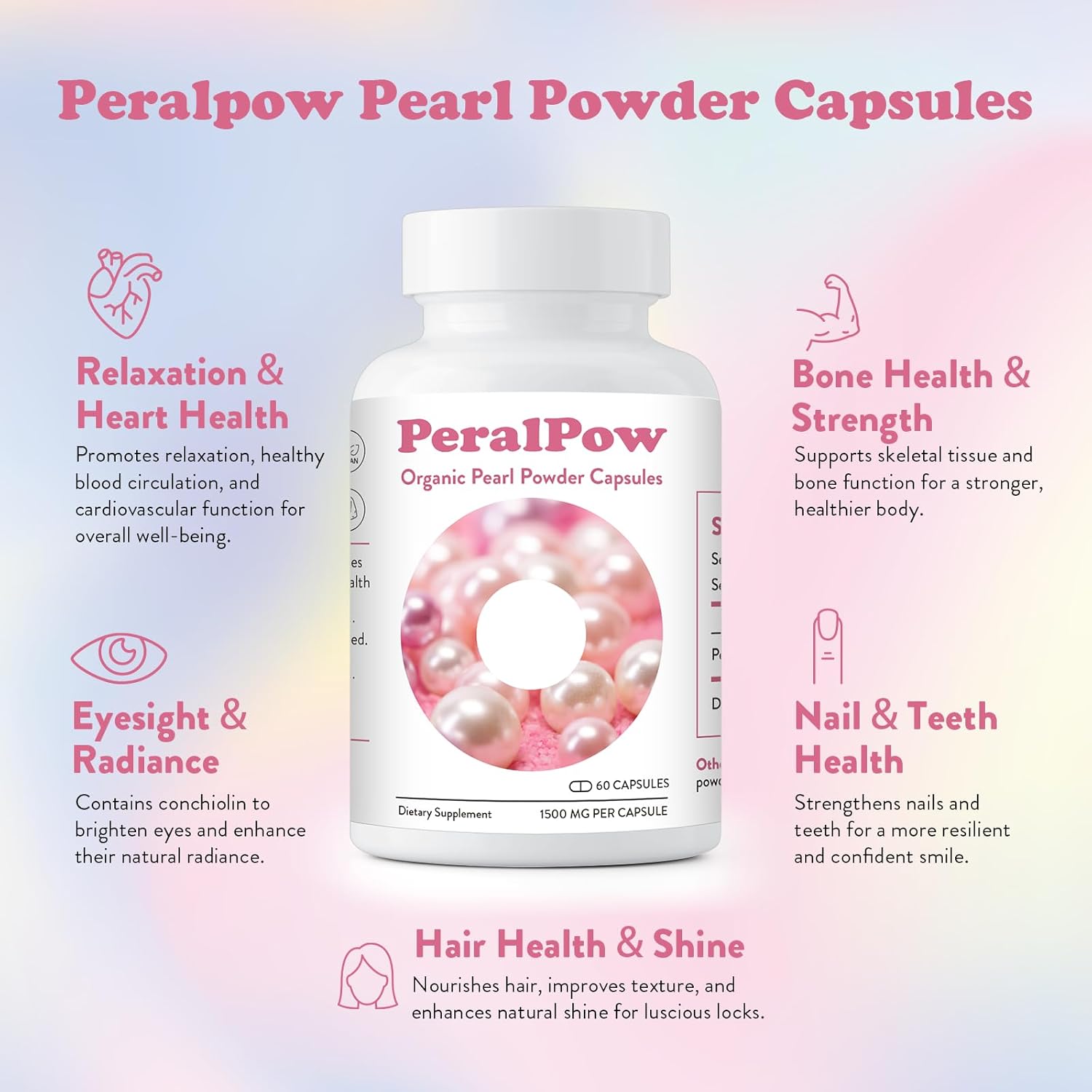 Organic Pearl Powder Capsules 1500mg | Premium Pearl Extract for Skin Radiance, Eye Wellness & Nail Resilience | 100% Natural Calcium & Amino Acids | Non-GMO, Vegan, 60 Capsules