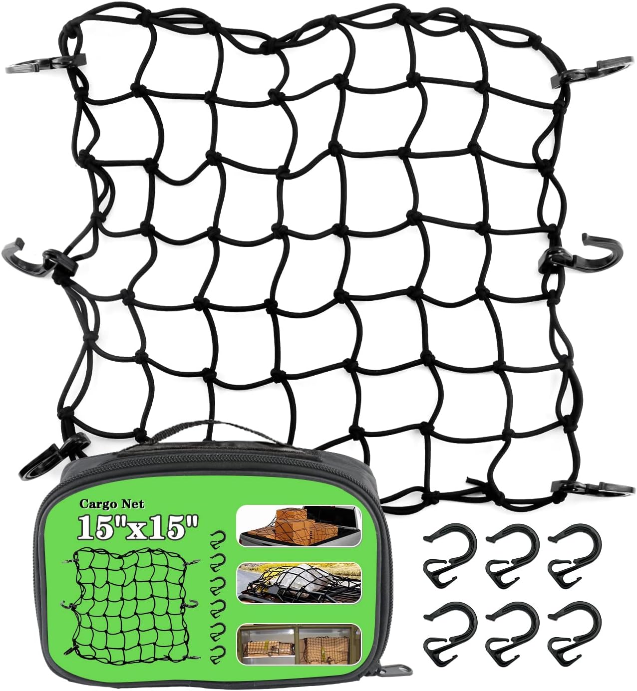 15"x15" Universal Truck Bed Net Black Latex Bungee Cargo Net Extends to 30"x30" with 6 Adjustable Hooks & Tight 2"x2" Mesh by Cenipar