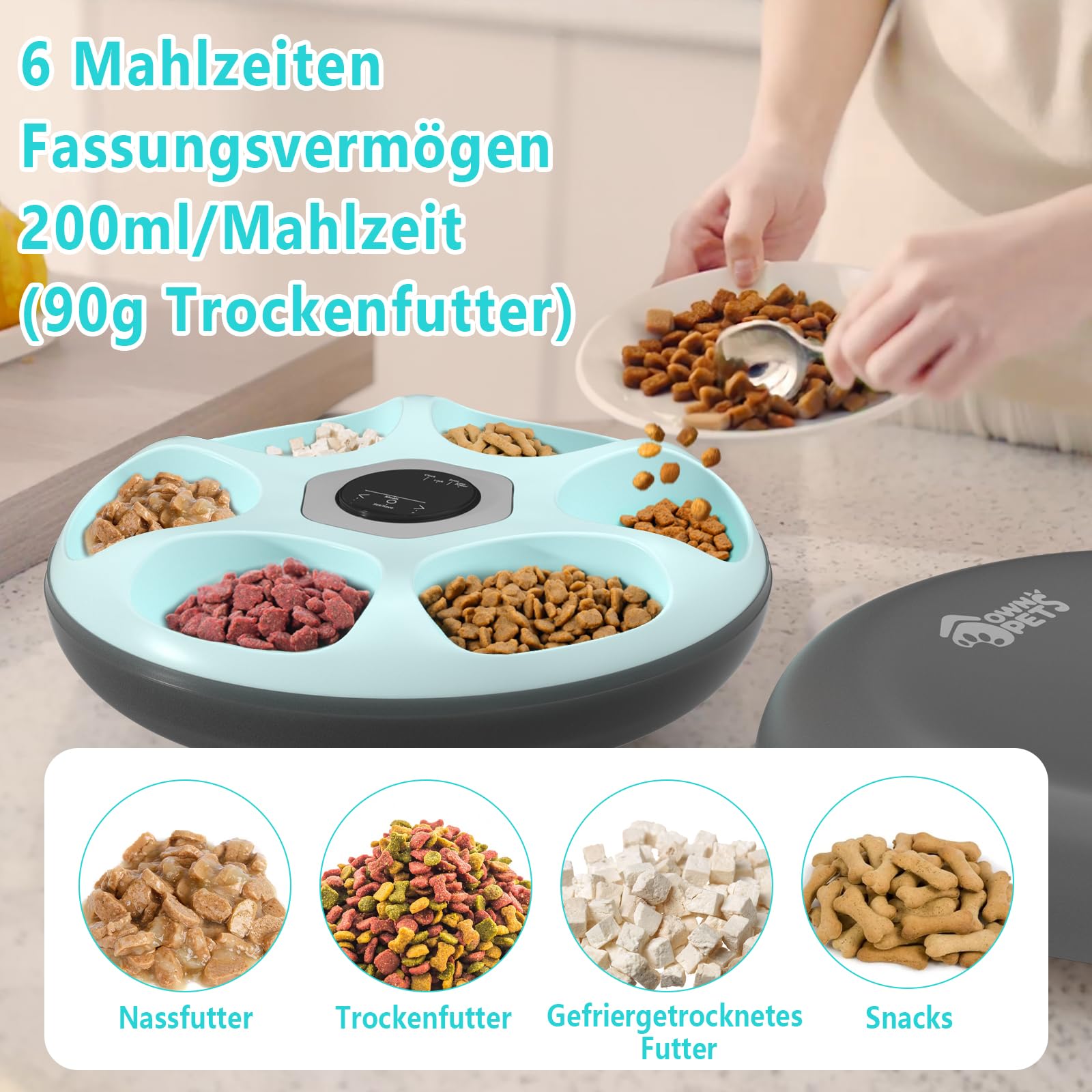 Ownpets 6 Mahlzeiten Automatischer Katzenfutterautomat für Nass-/Trockenfutter, mit 2 Kühlakkus, programmierbarer zeitgesteuerter Tierfutterautomat, Auto Feeder für Katzen,kleine Hunde