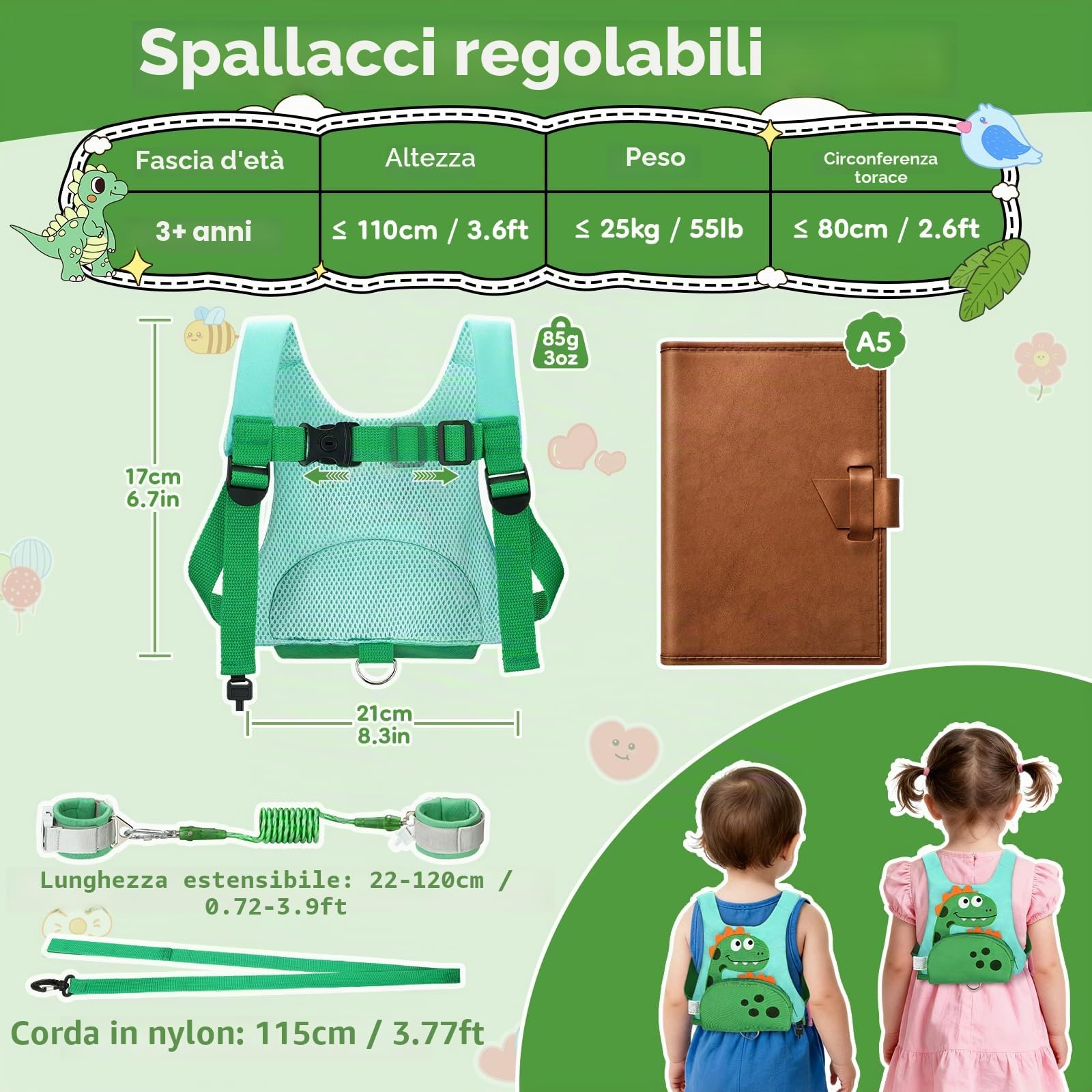 Dr.meter Zaino Bambini Antismarrimento 3 in 1 Pettorina 1.2M 360° Braccialetti Chiave Sicurezza Dinosauro 1-5 Anni